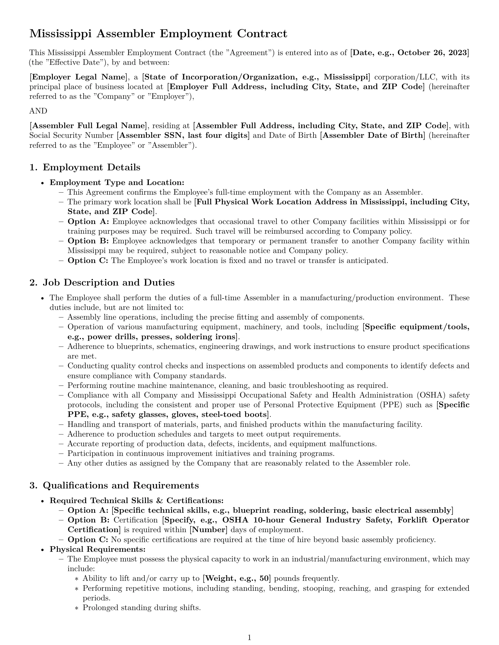 Preview page 1 of Pro Mississippi assembler employment contract template