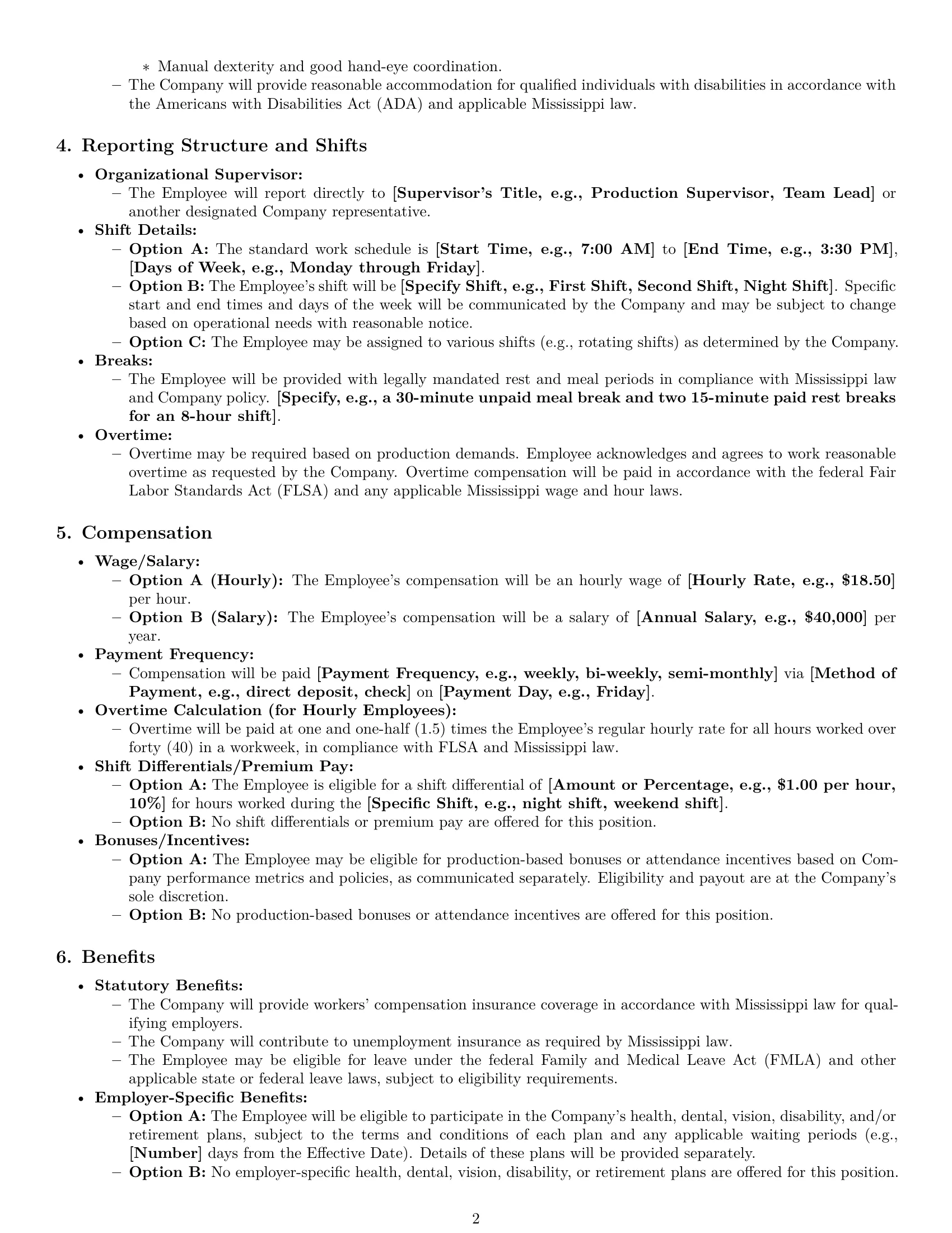 Preview page 2 of Pro Mississippi assembler employment contract template