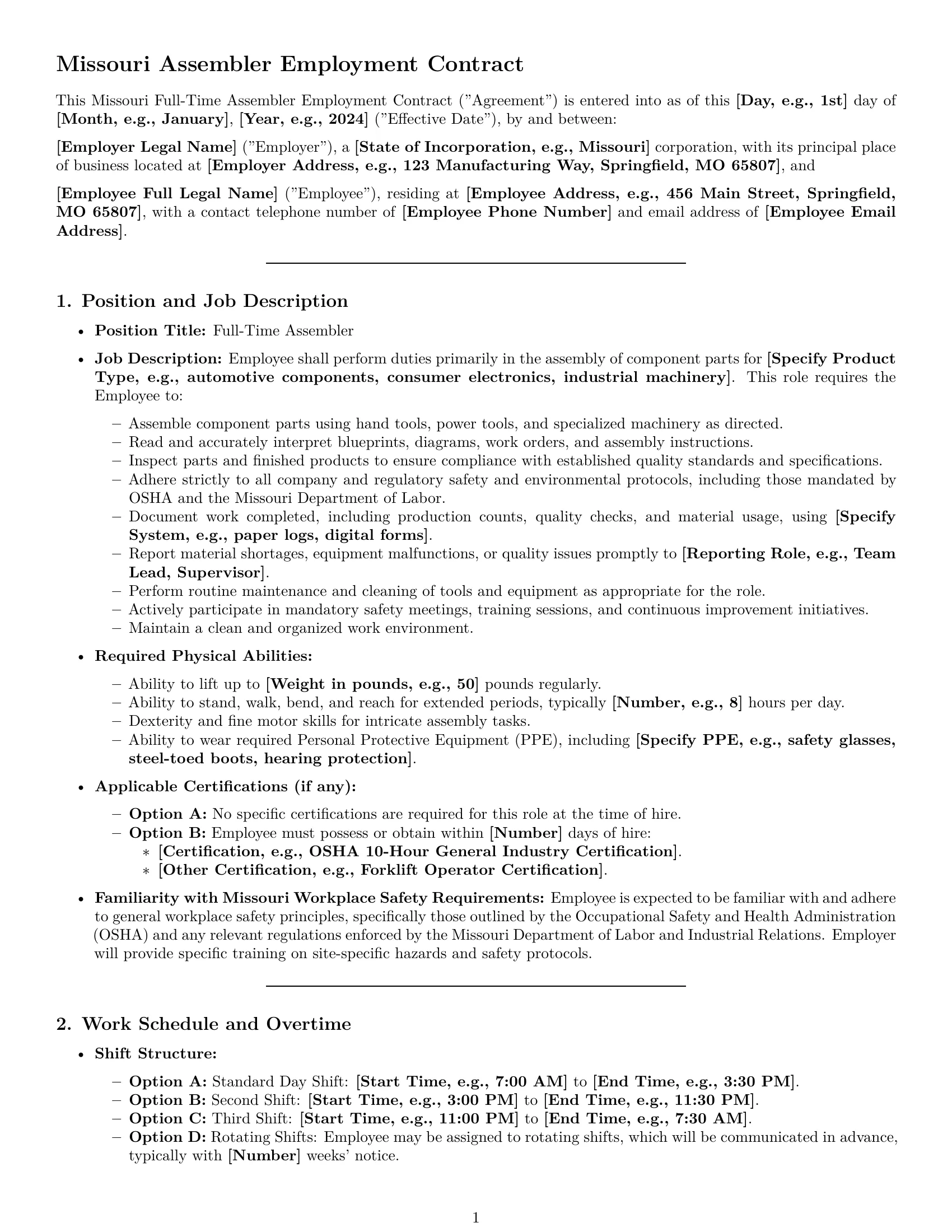 Preview page 1 of Pro Missouri assembler employment contract template