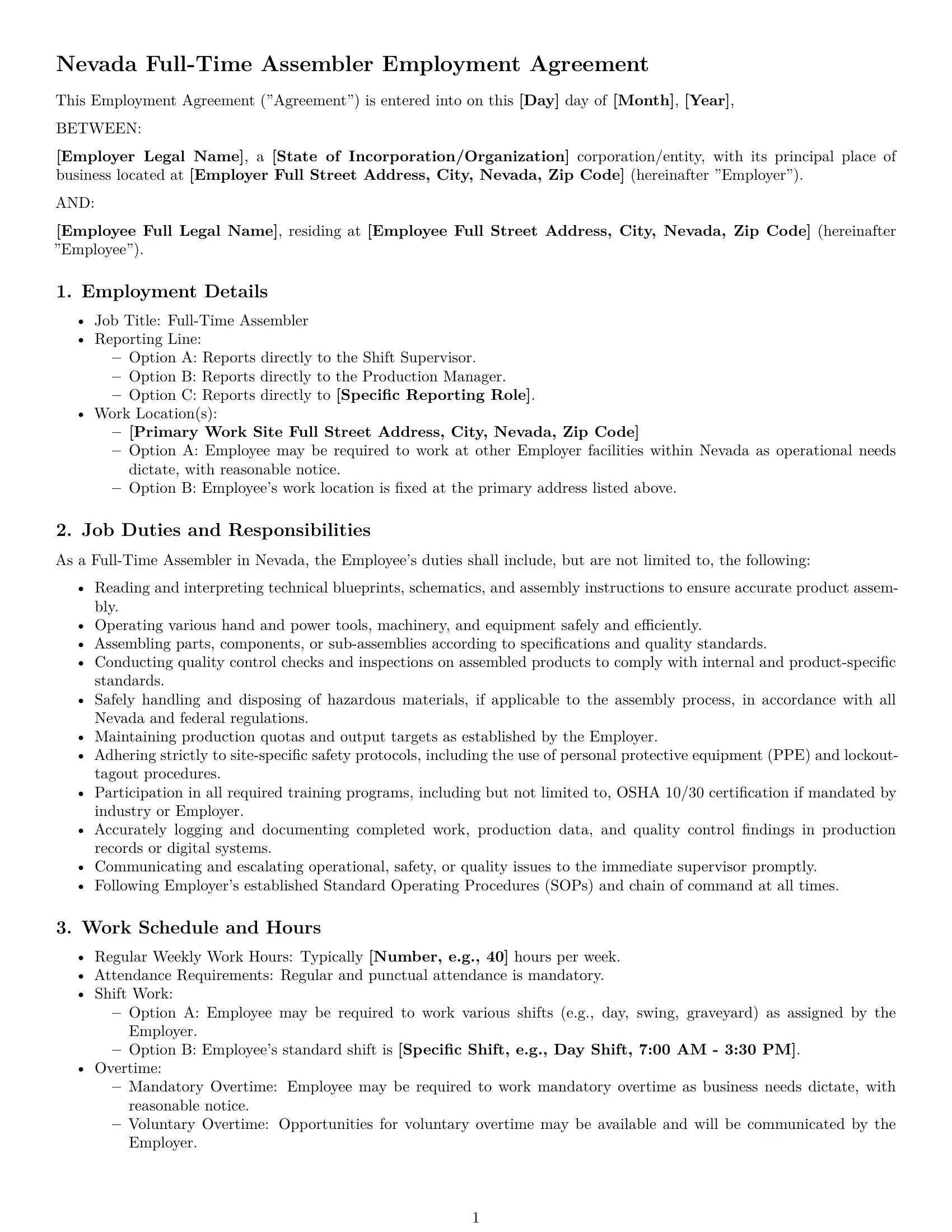 Preview page 1 of Pro Nevada assembler employment contract template