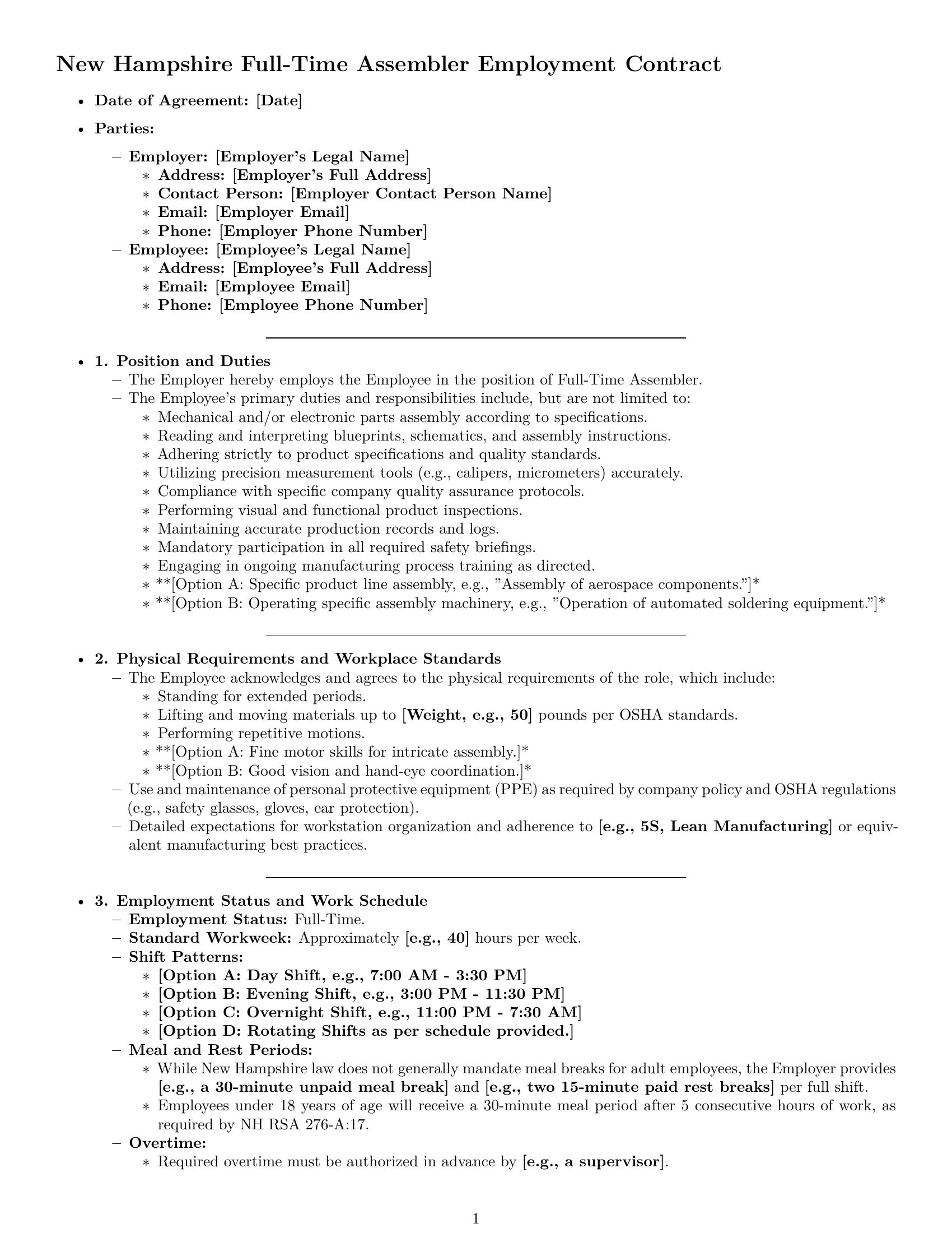 Preview page 1 of Pro New Hampshire assembler employment contract template