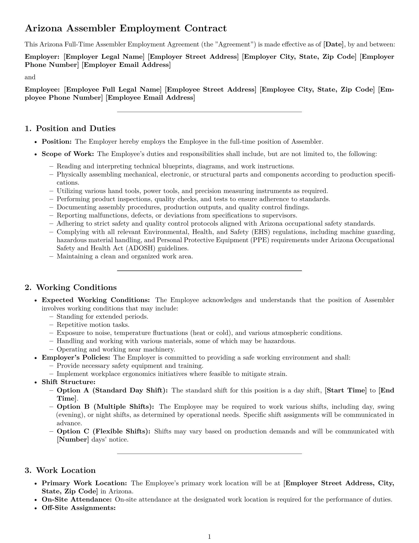 Preview page 1 of Pro Arizona assembler employment contract template