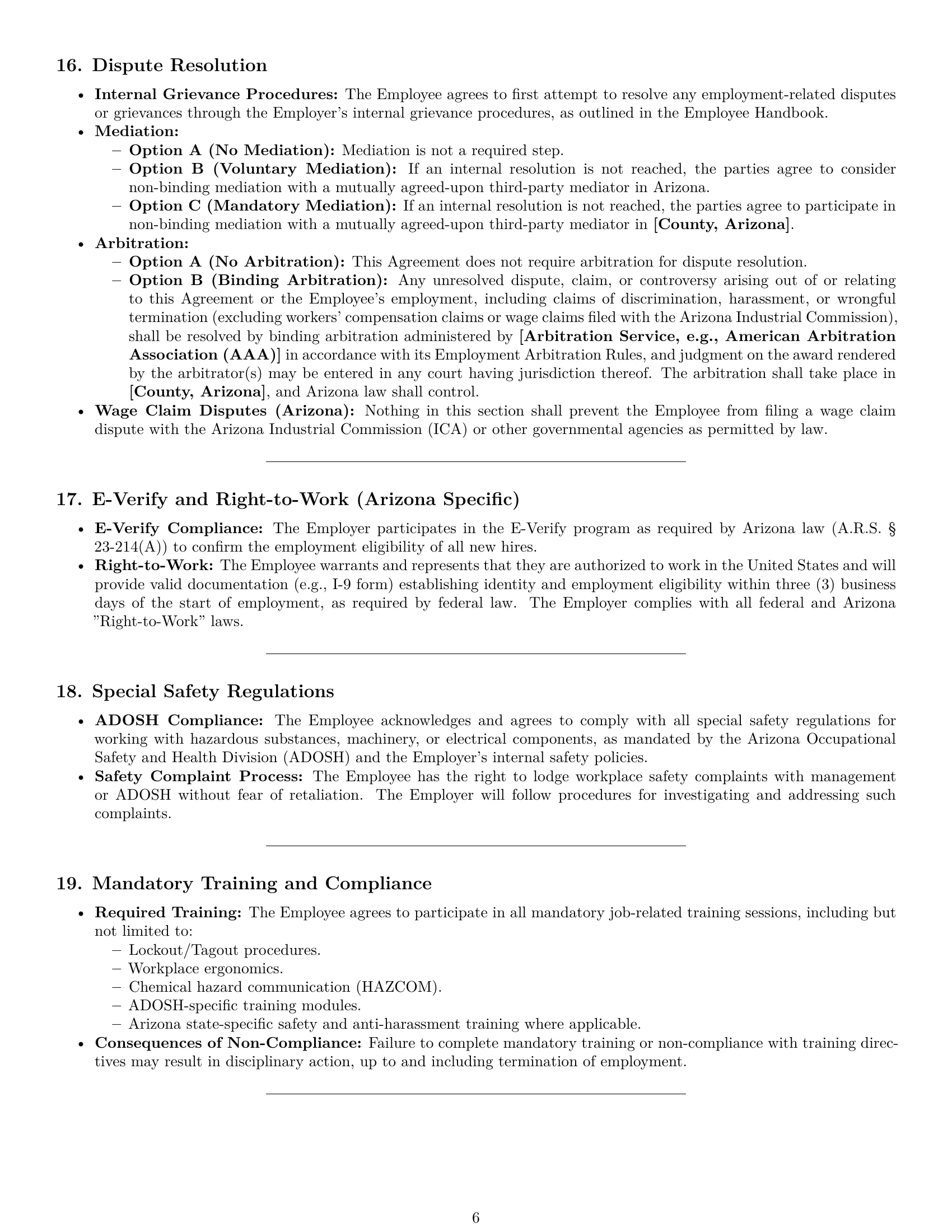 Preview page 6 of Pro Arizona assembler employment contract template