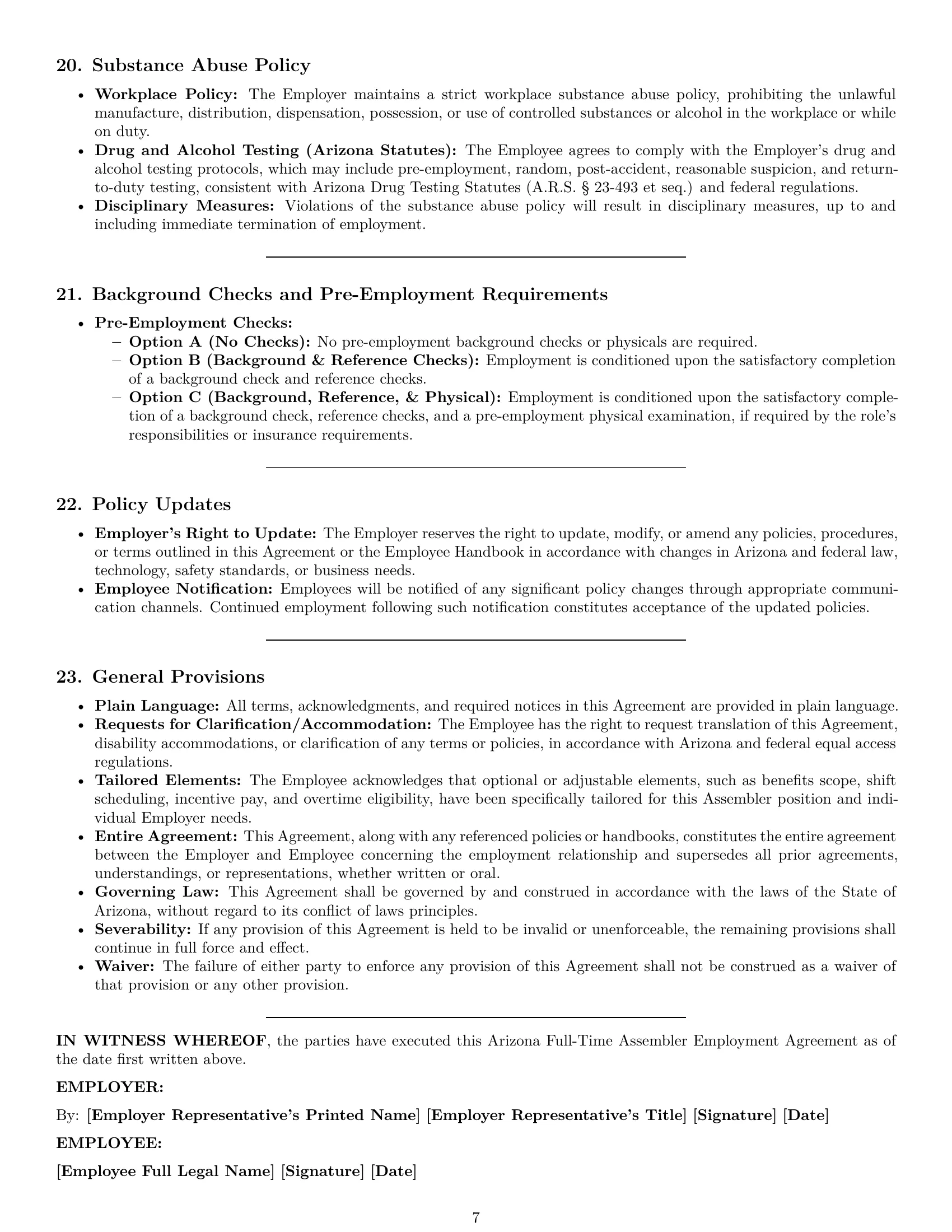 Preview page 7 of Pro Arizona assembler employment contract template