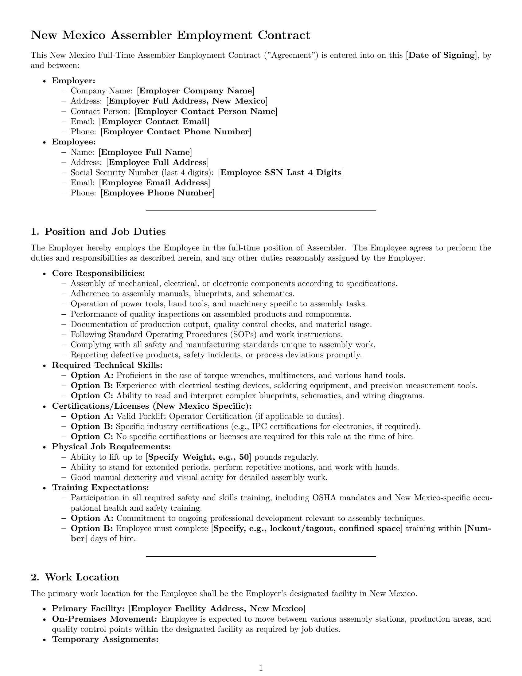 Preview page 1 of Pro New Mexico assembler employment contract template