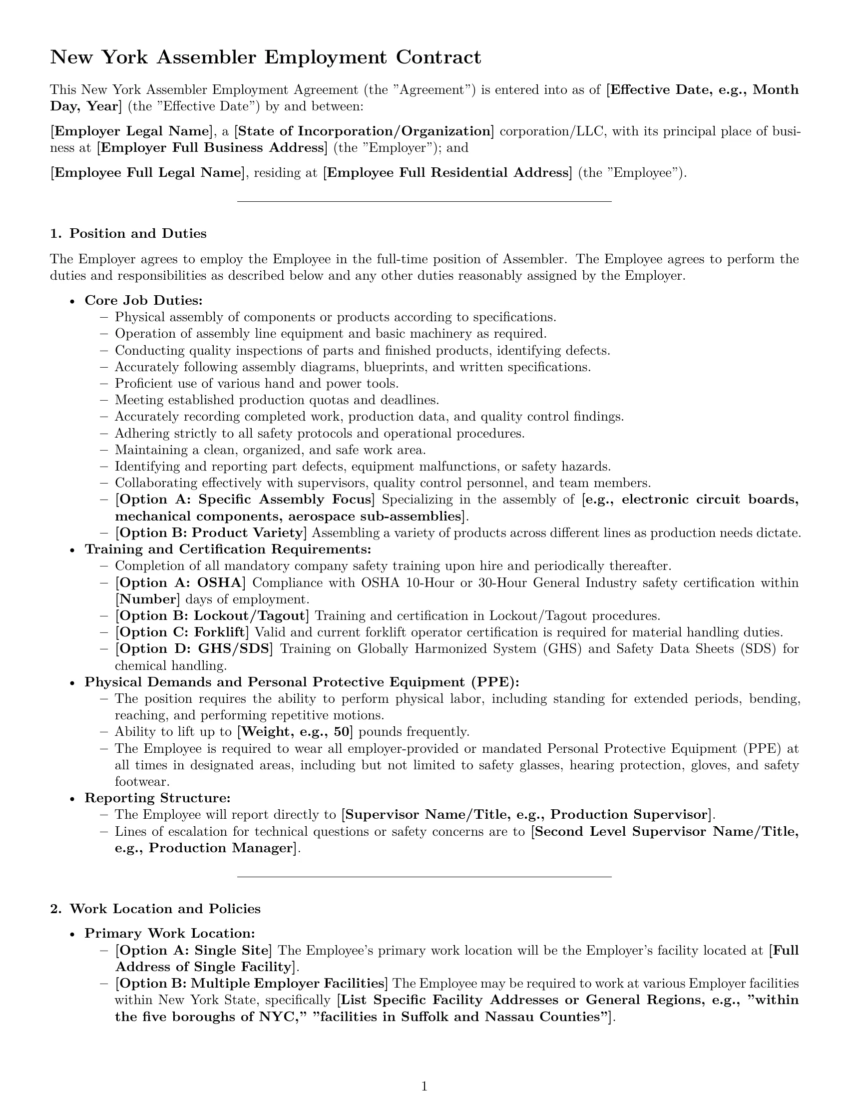 Preview page 1 of Pro New York assembler employment contract template