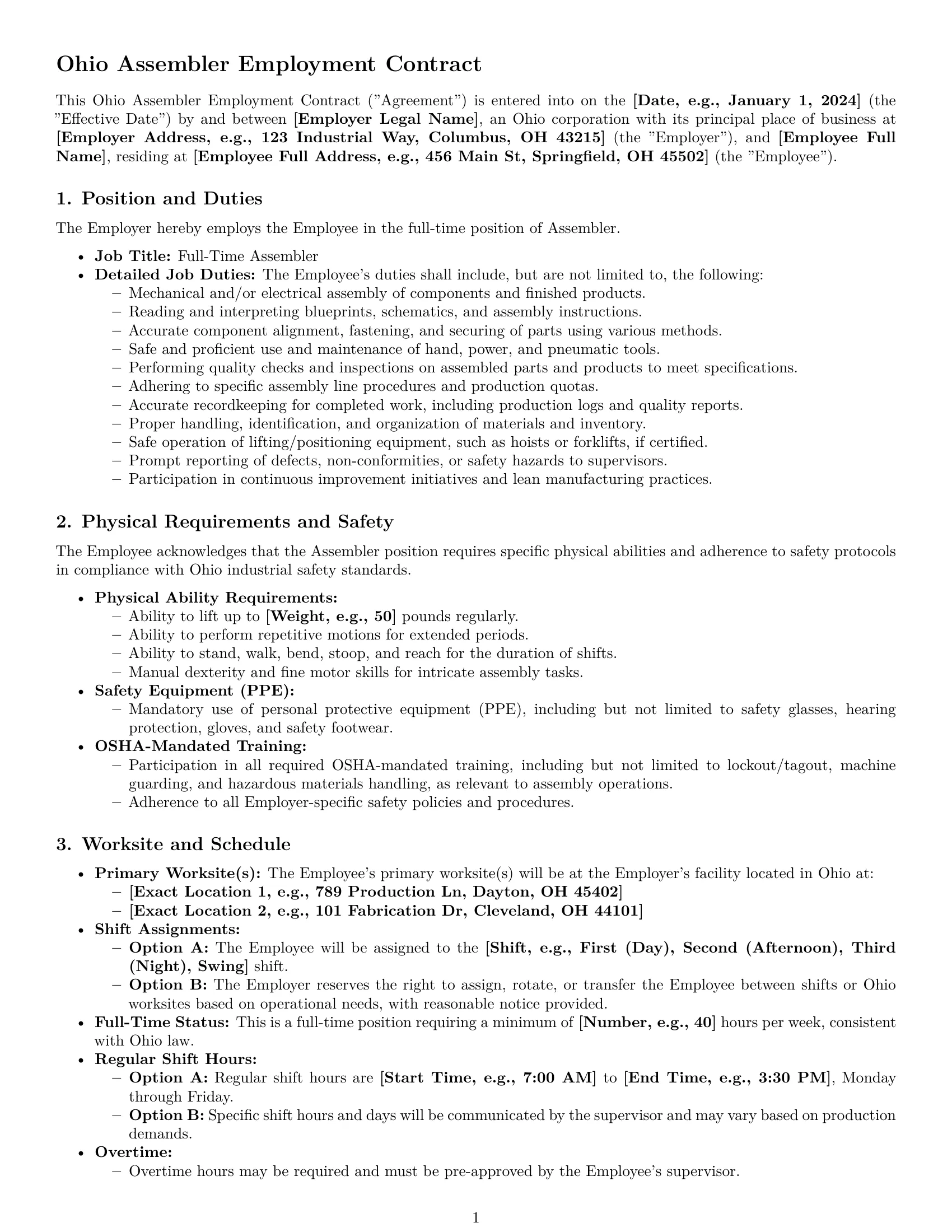 Preview page 1 of Pro Ohio assembler employment contract template