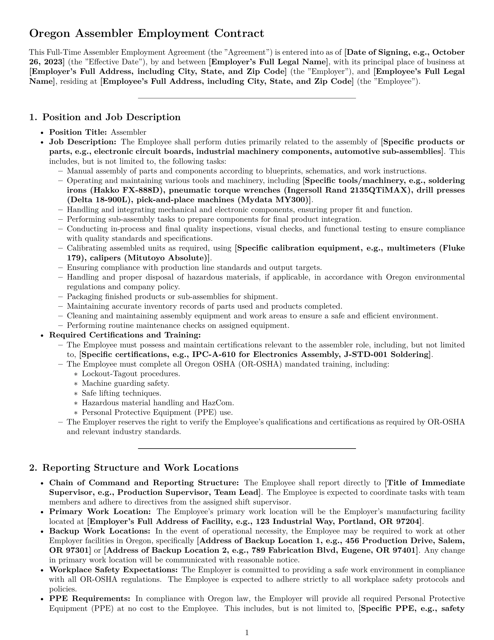Preview page 1 of Pro Oregon assembler employment contract template