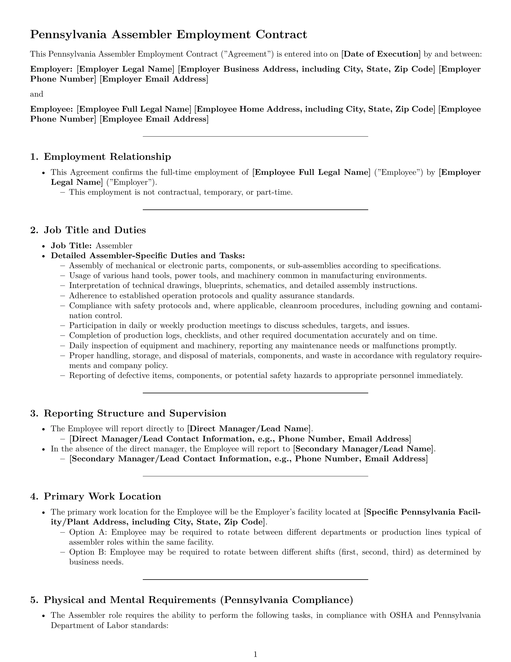 Preview page 1 of Pro Pennsylvania assembler employment contract template