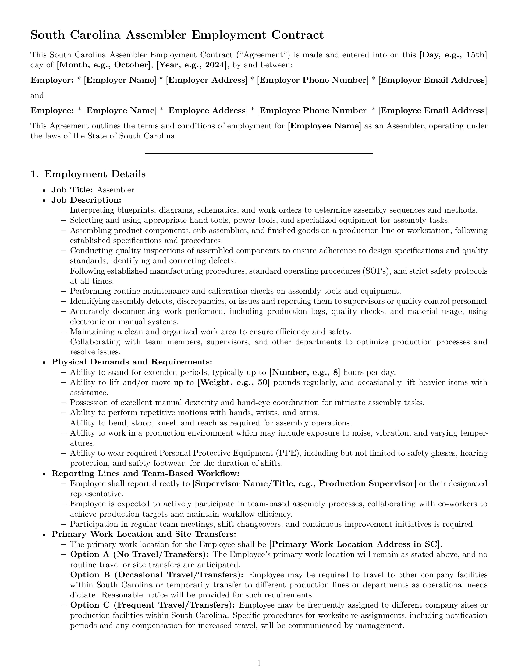 Preview page 1 of Pro South Carolina assembler employment contract template