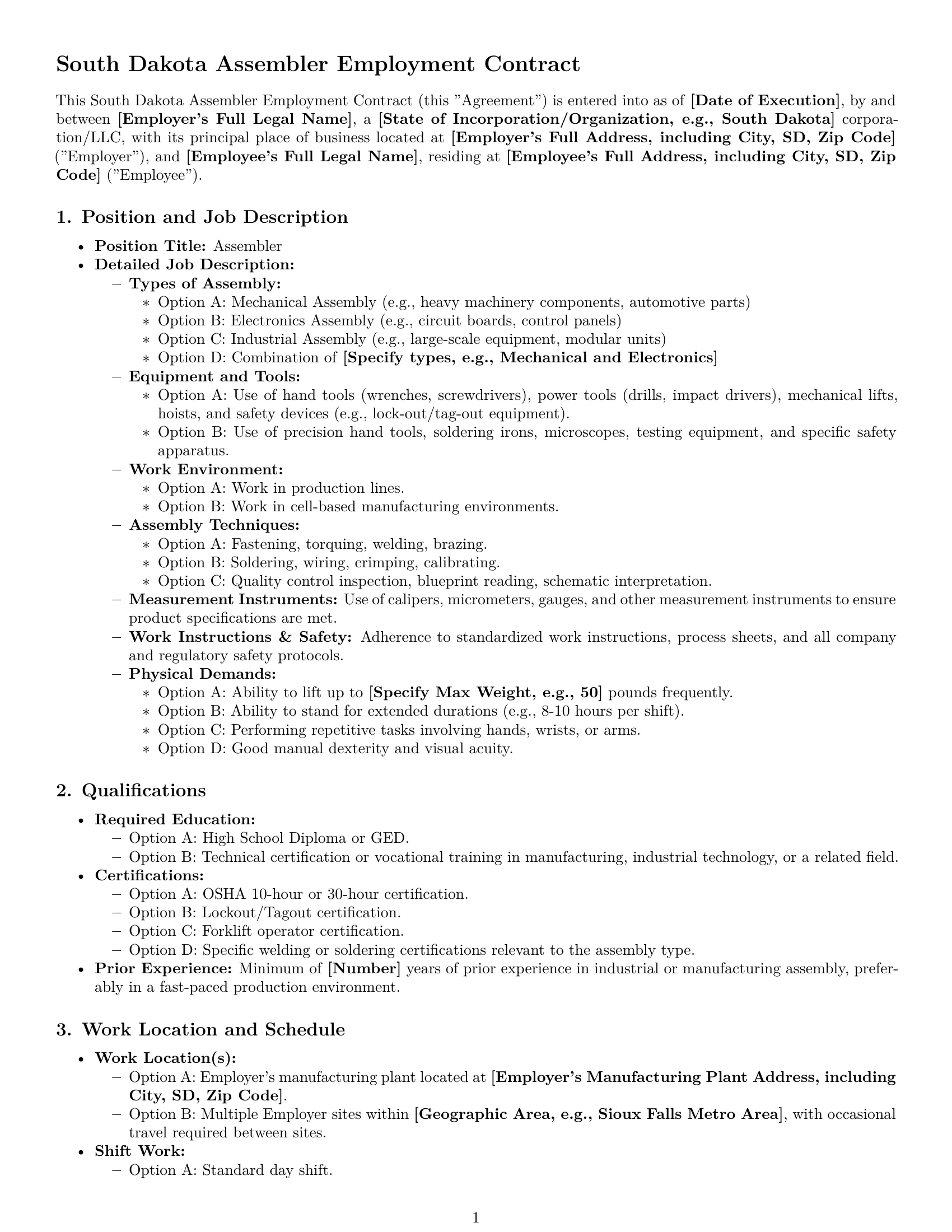 Preview page 1 of Pro South Dakota assembler employment contract template