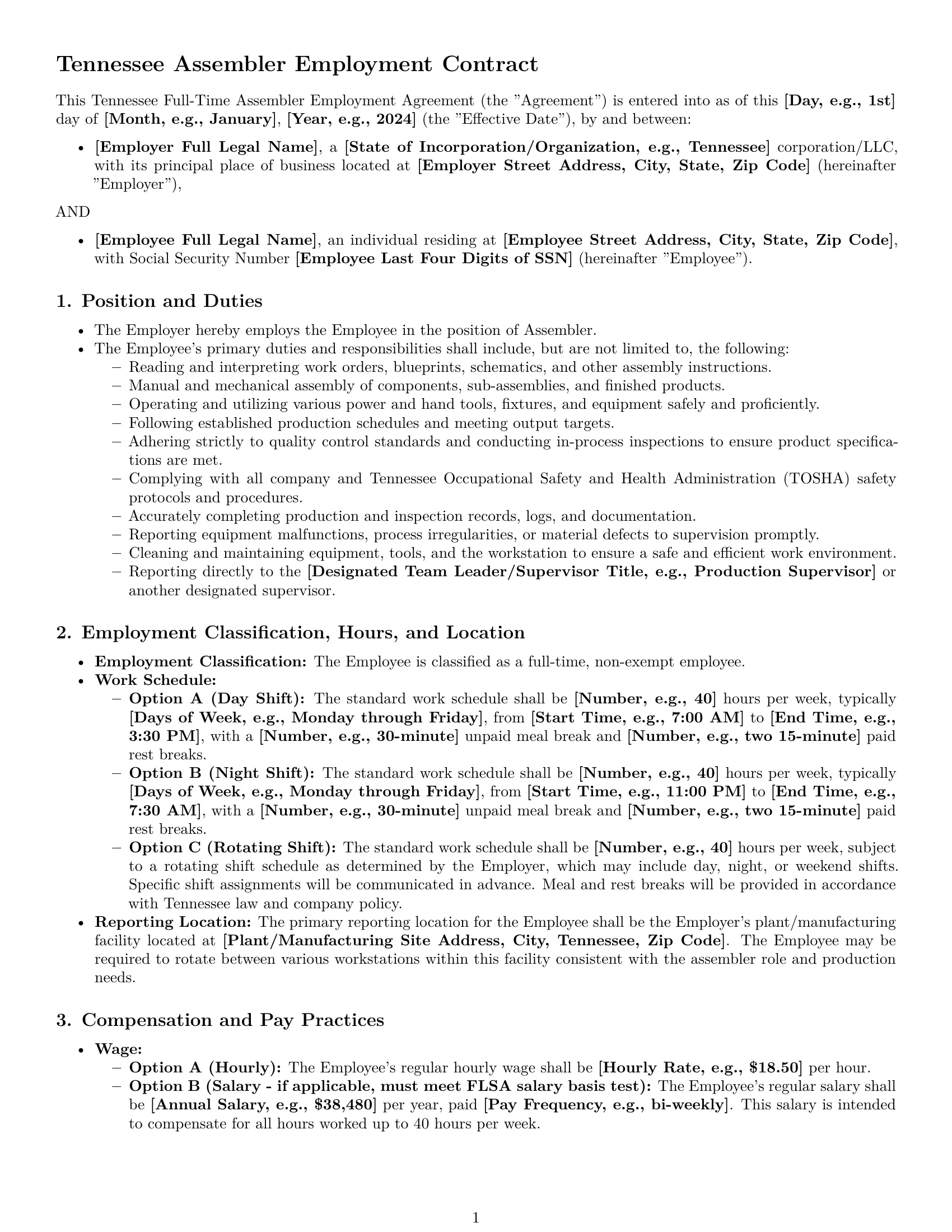 Preview page 1 of Pro Tennessee assembler employment contract template