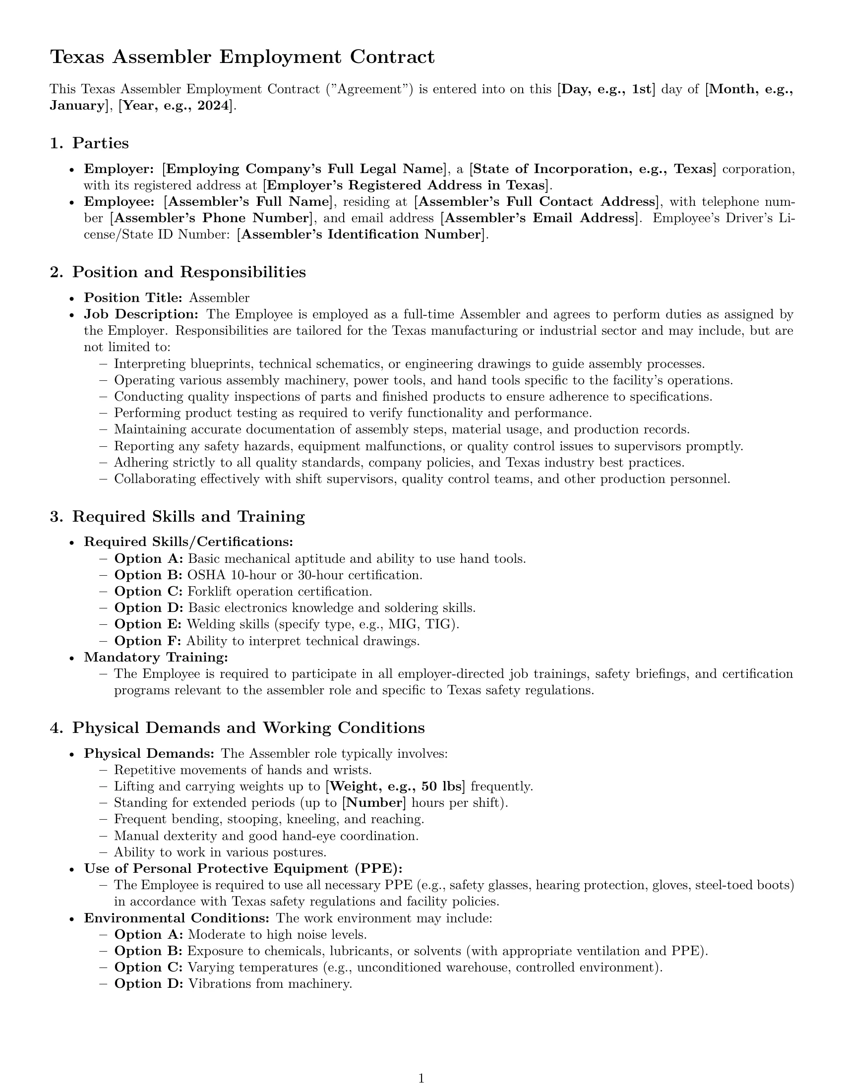 Preview page 1 of Pro Texas assembler employment contract template