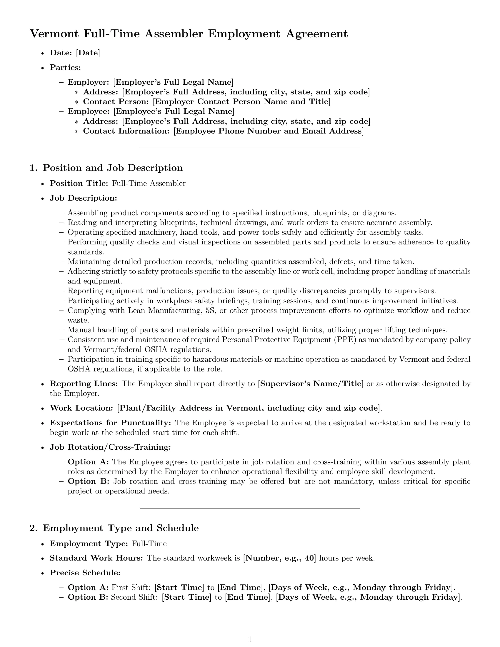 Preview page 1 of Pro Vermont assembler employment contract template