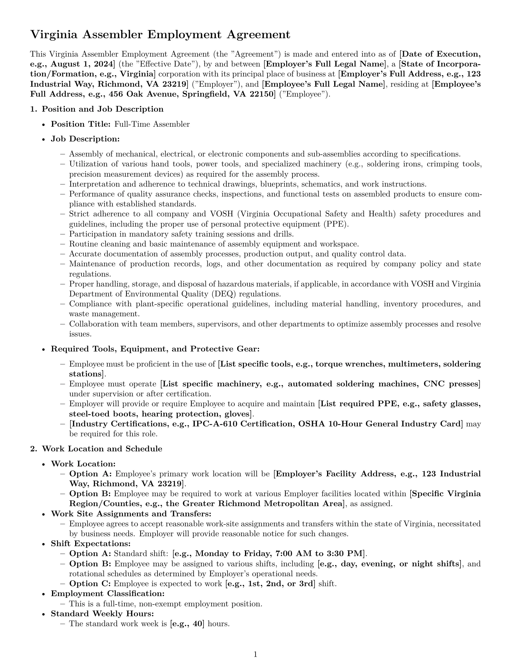 Preview page 1 of Pro Virginia assembler employment contract template