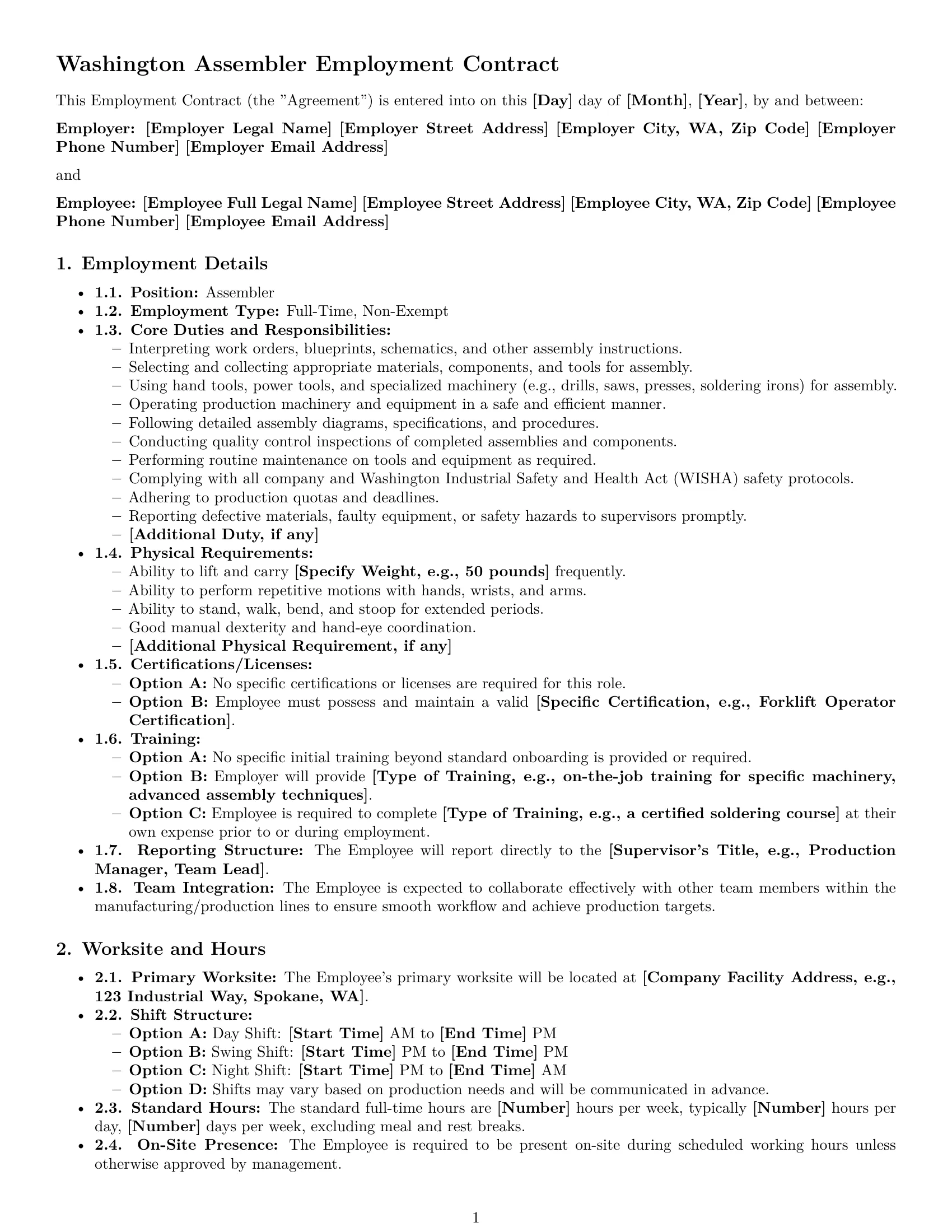Preview page 1 of Pro Washington assembler employment contract template