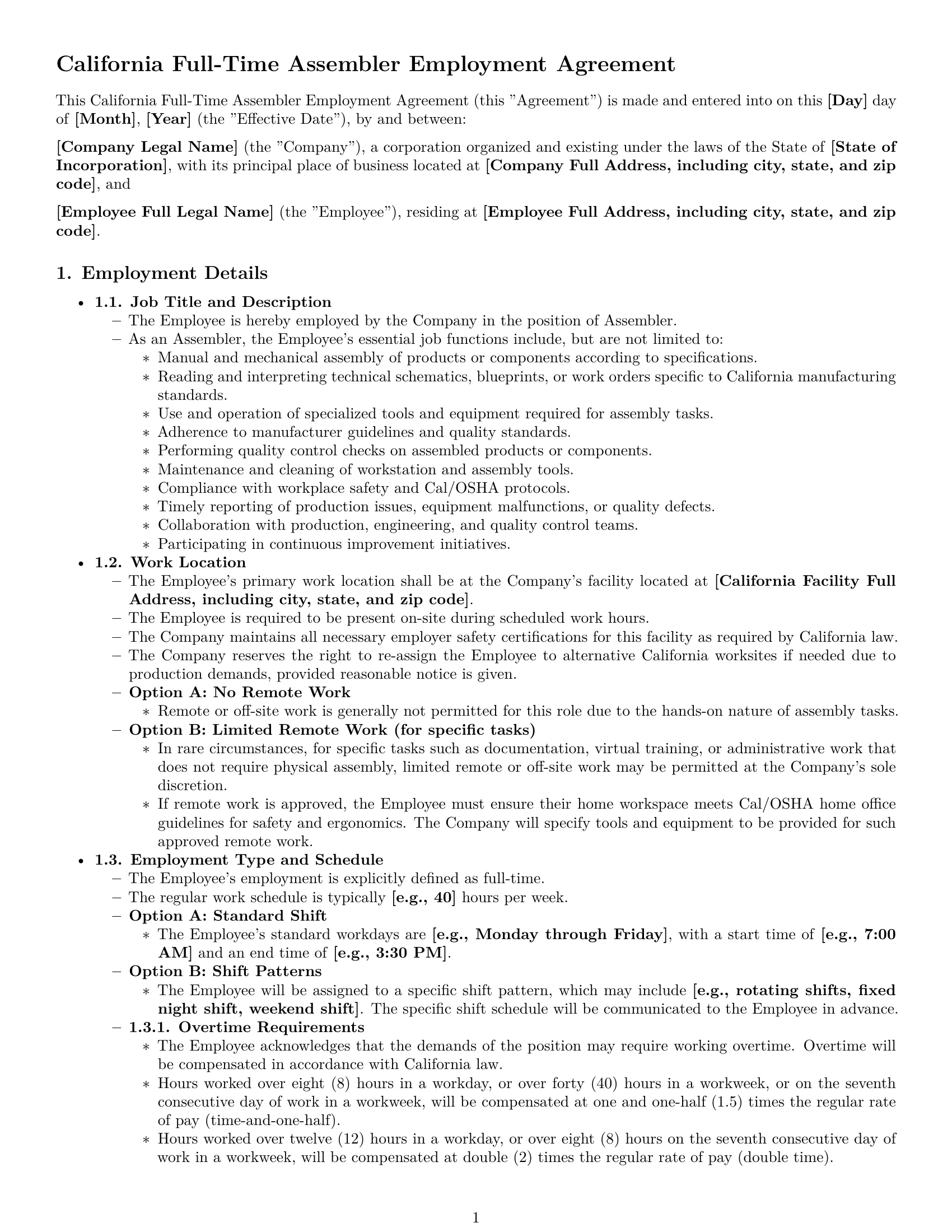 Preview page 1 of Pro California assembler employment contract template