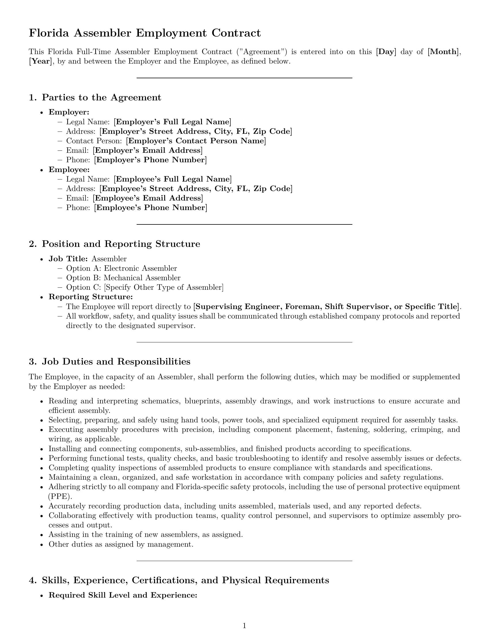 Preview page 1 of Pro Florida assembler employment contract template