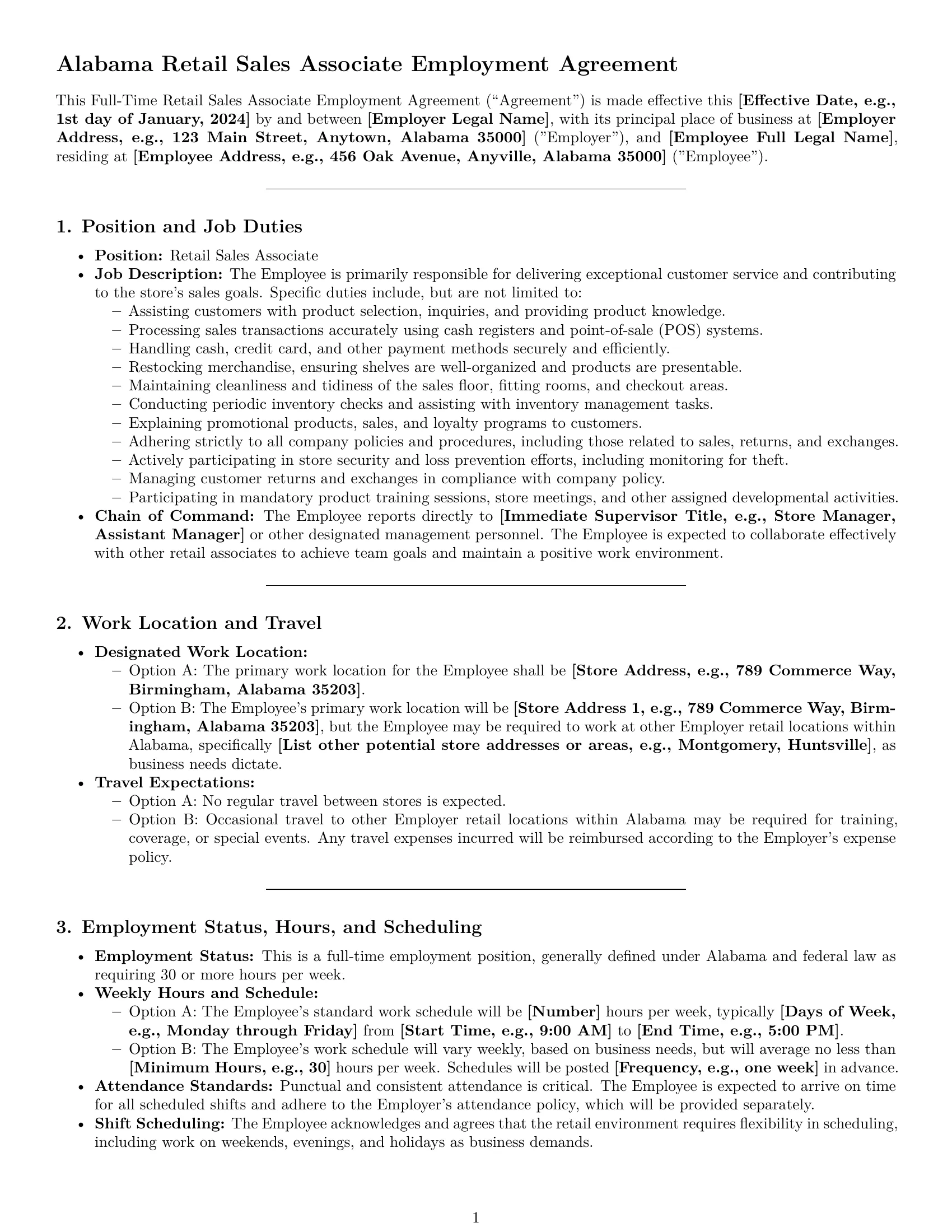 Preview page 1 of Pro Alabama retail sales associate employment contract template