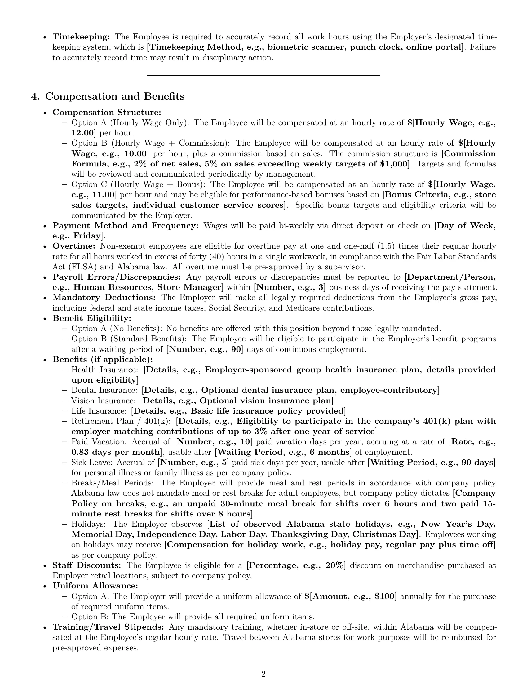 Preview page 2 of Pro Alabama retail sales associate employment contract template