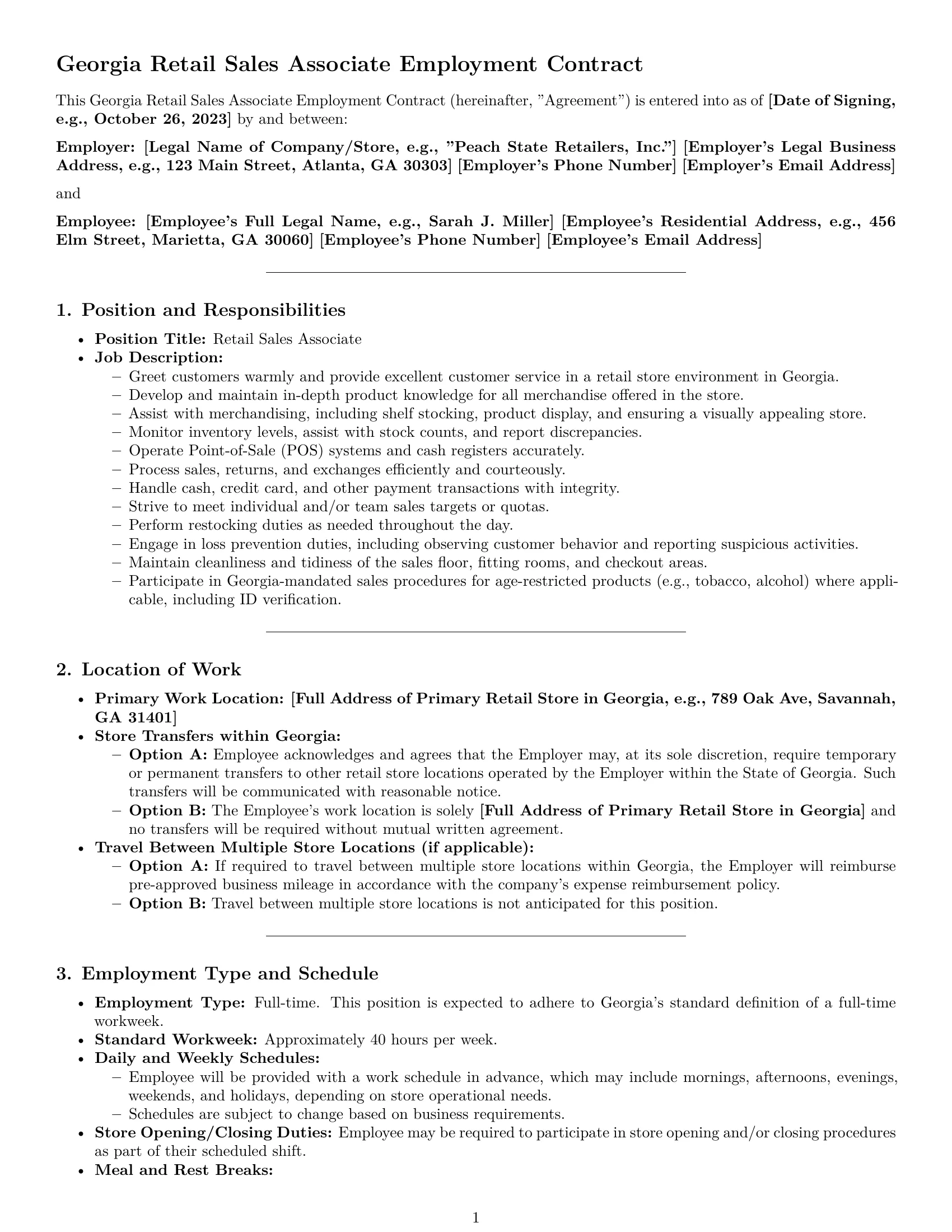 Preview page 1 of Pro Georgia retail sales associate employment contract template