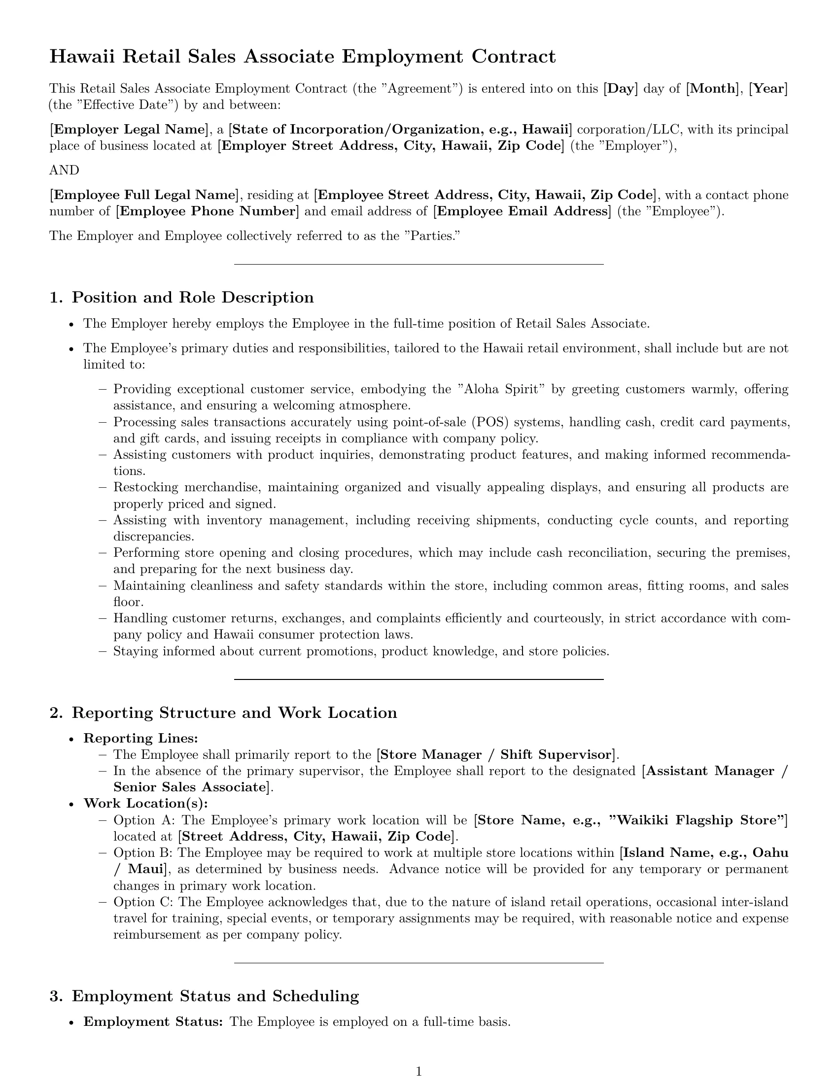Preview page 1 of Pro Hawaii retail sales associate employment contract template