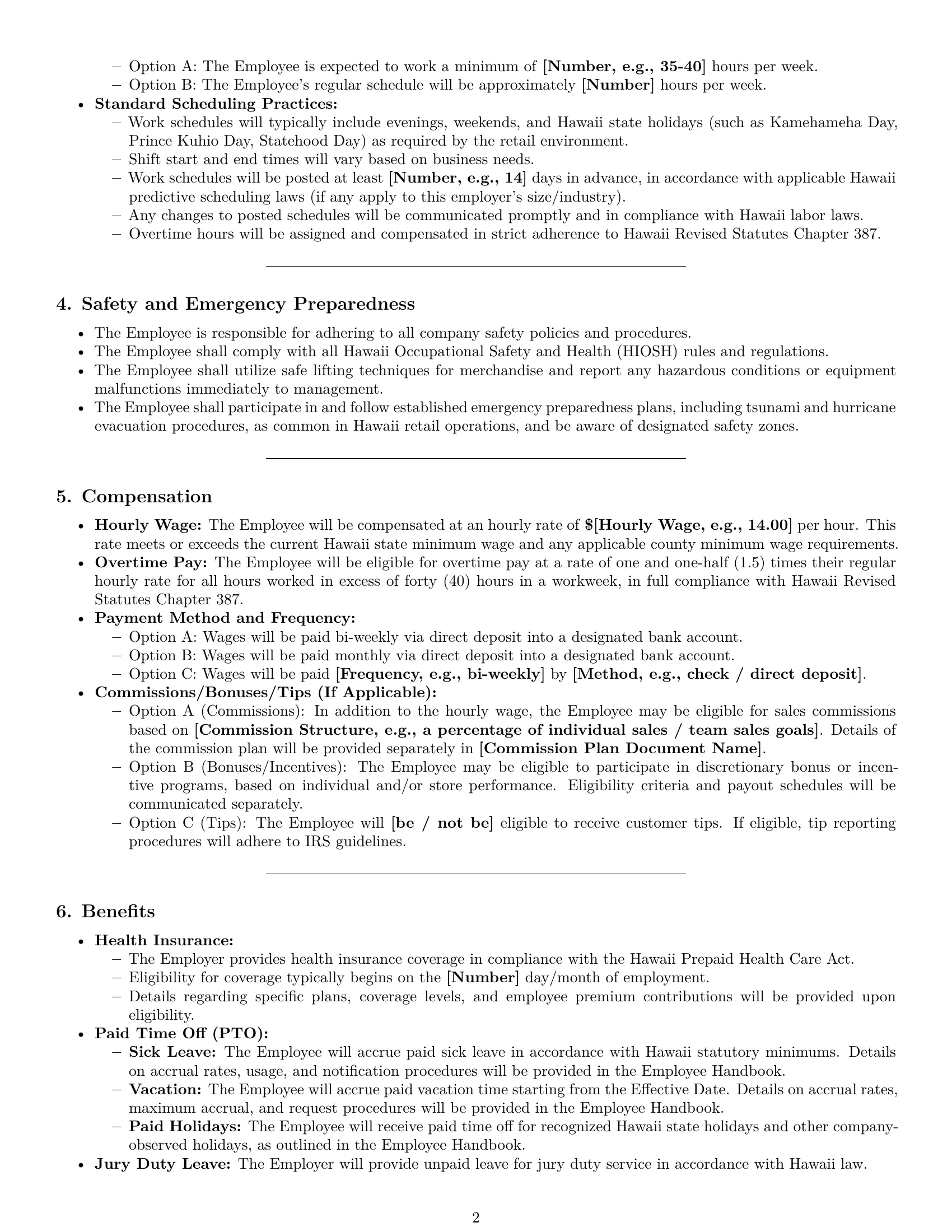 Preview page 2 of Pro Hawaii retail sales associate employment contract template
