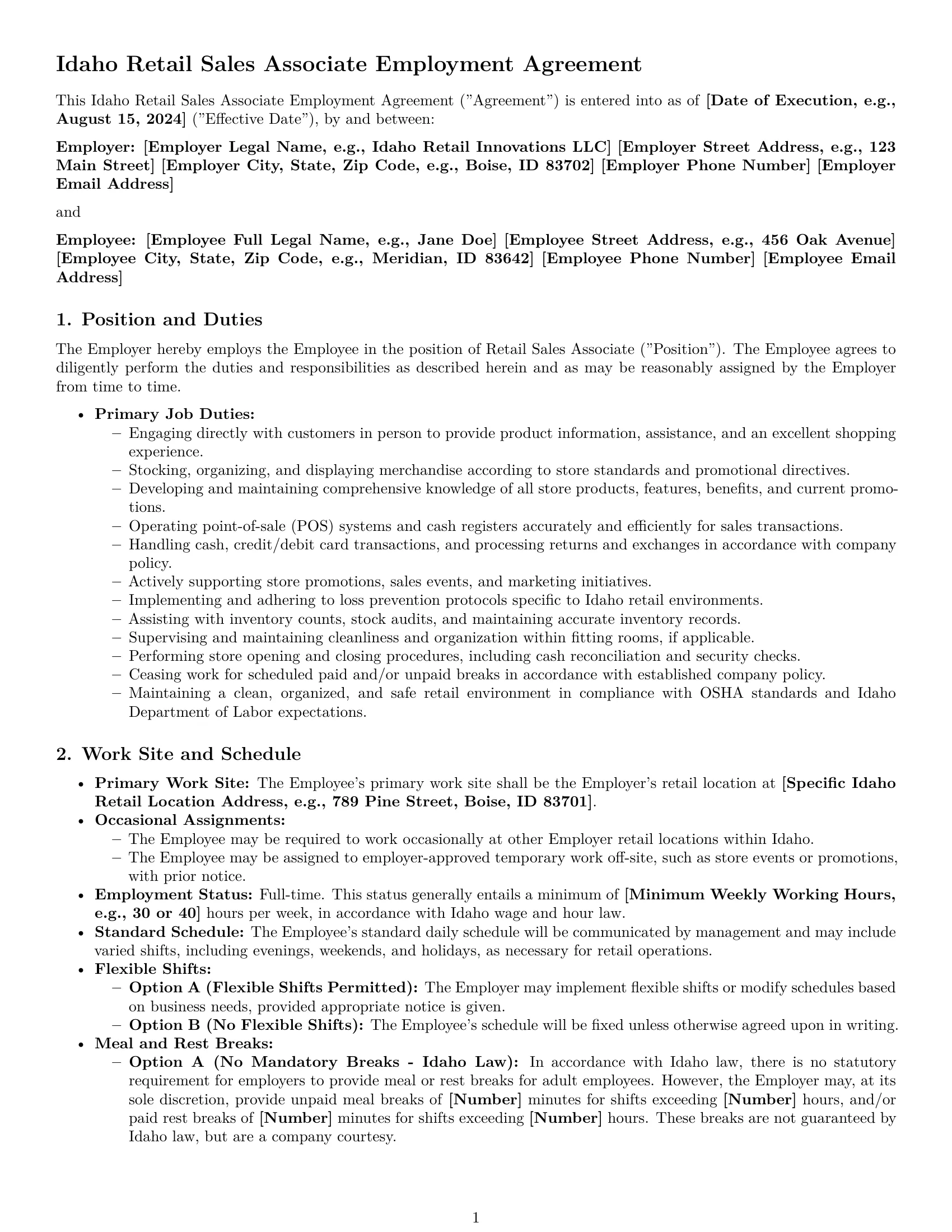 Preview page 1 of Pro Idaho retail sales associate employment contract template