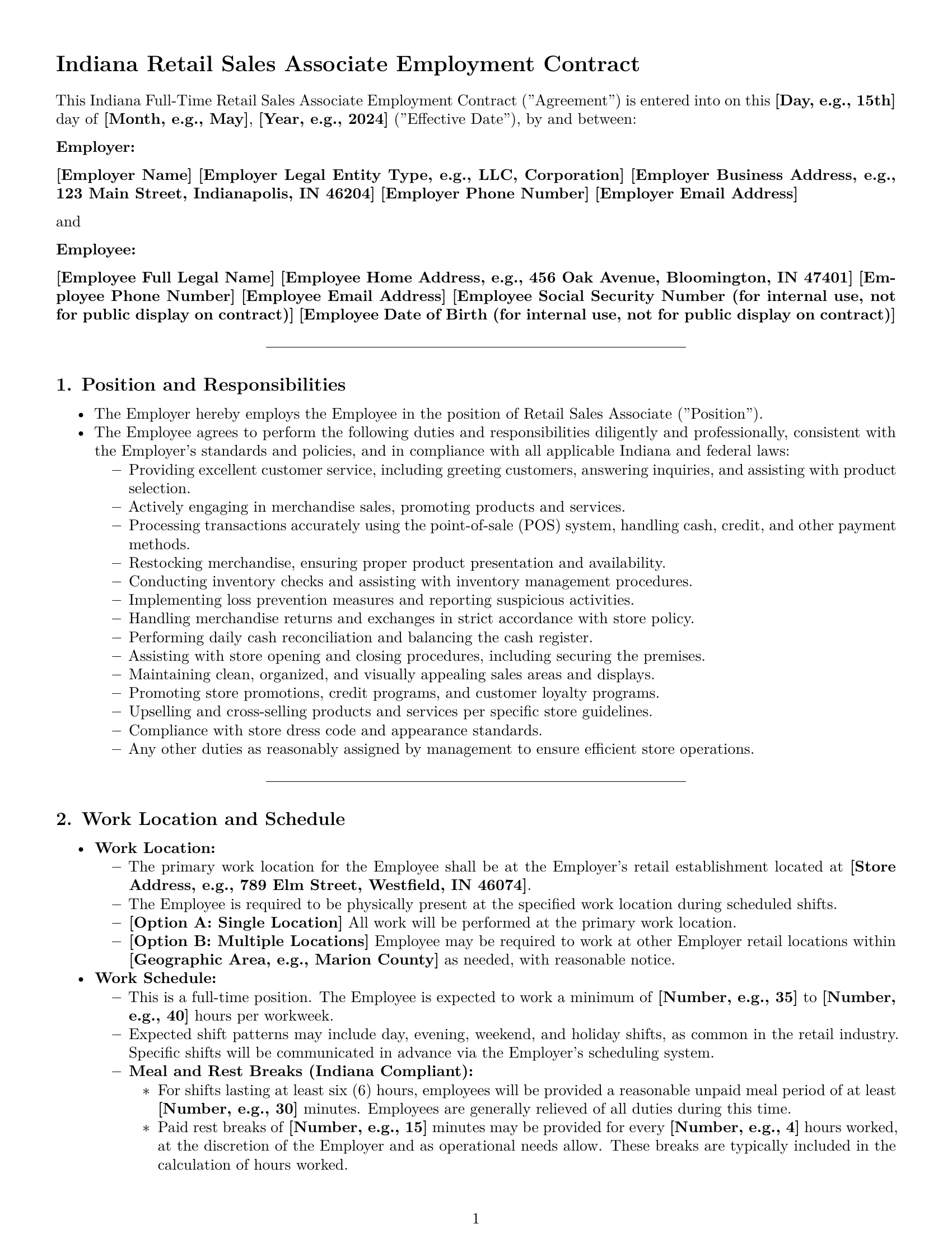 Preview page 1 of Pro Indiana retail sales associate employment contract template