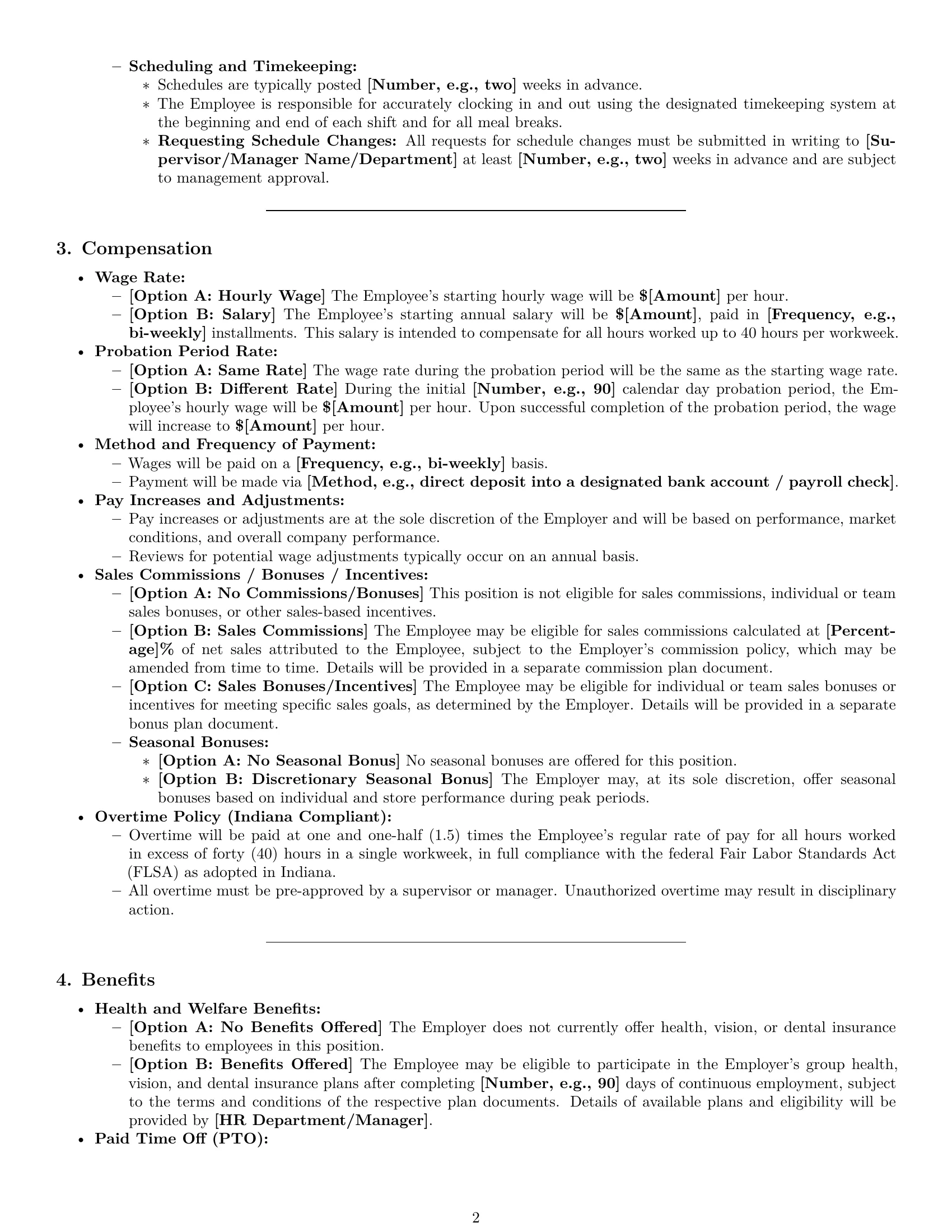 Preview page 2 of Pro Indiana retail sales associate employment contract template