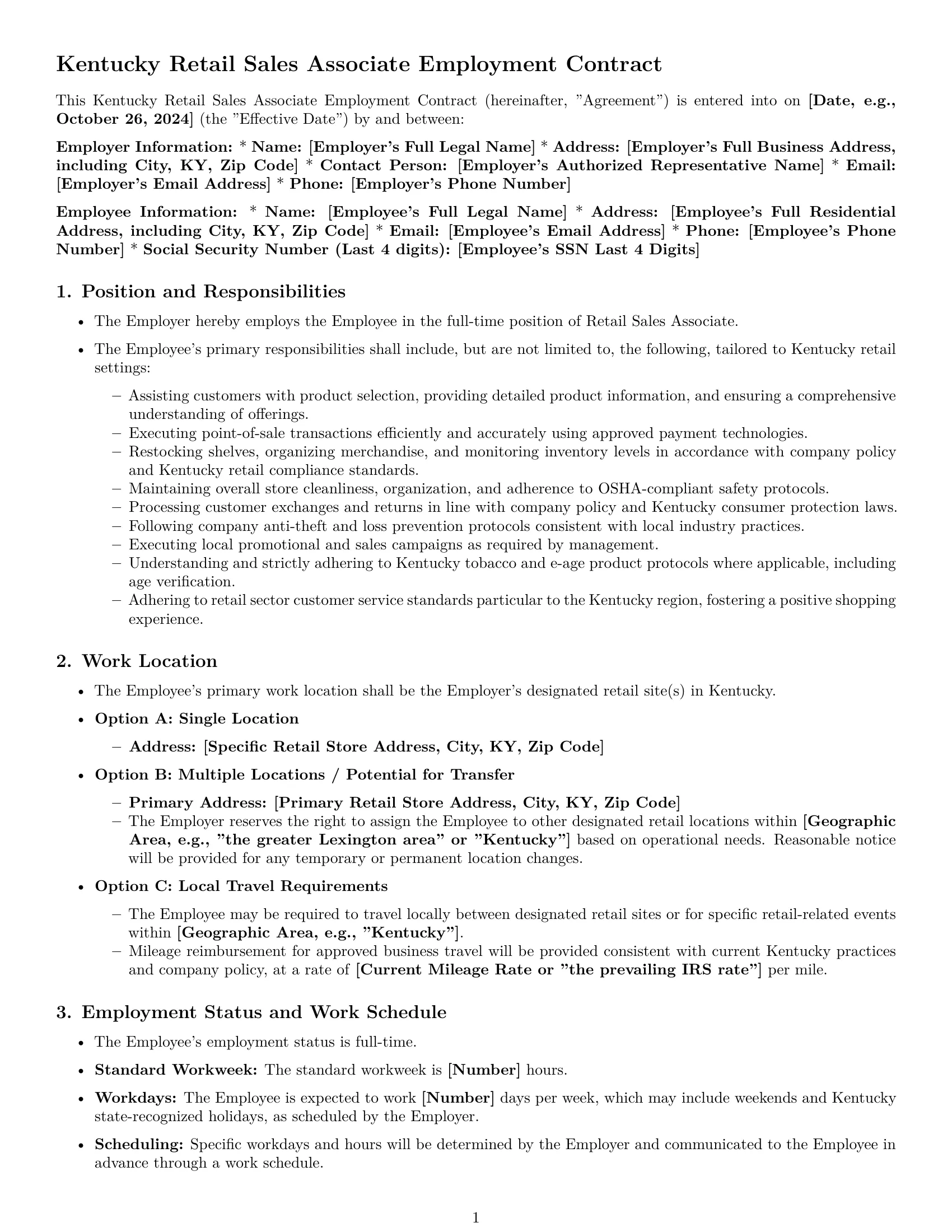 Preview page 1 of Pro Kentucky retail sales associate employment contract template