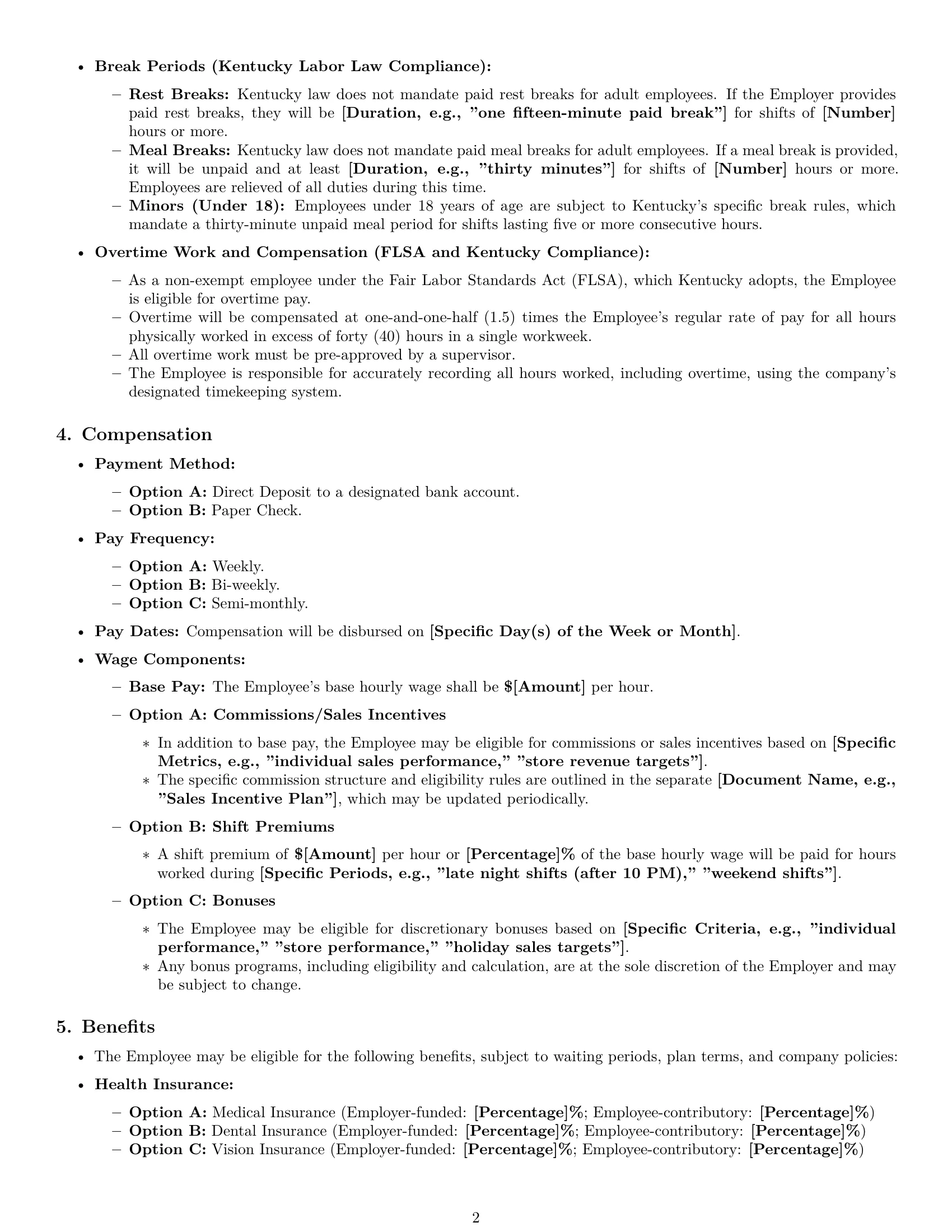 Preview page 2 of Pro Kentucky retail sales associate employment contract template