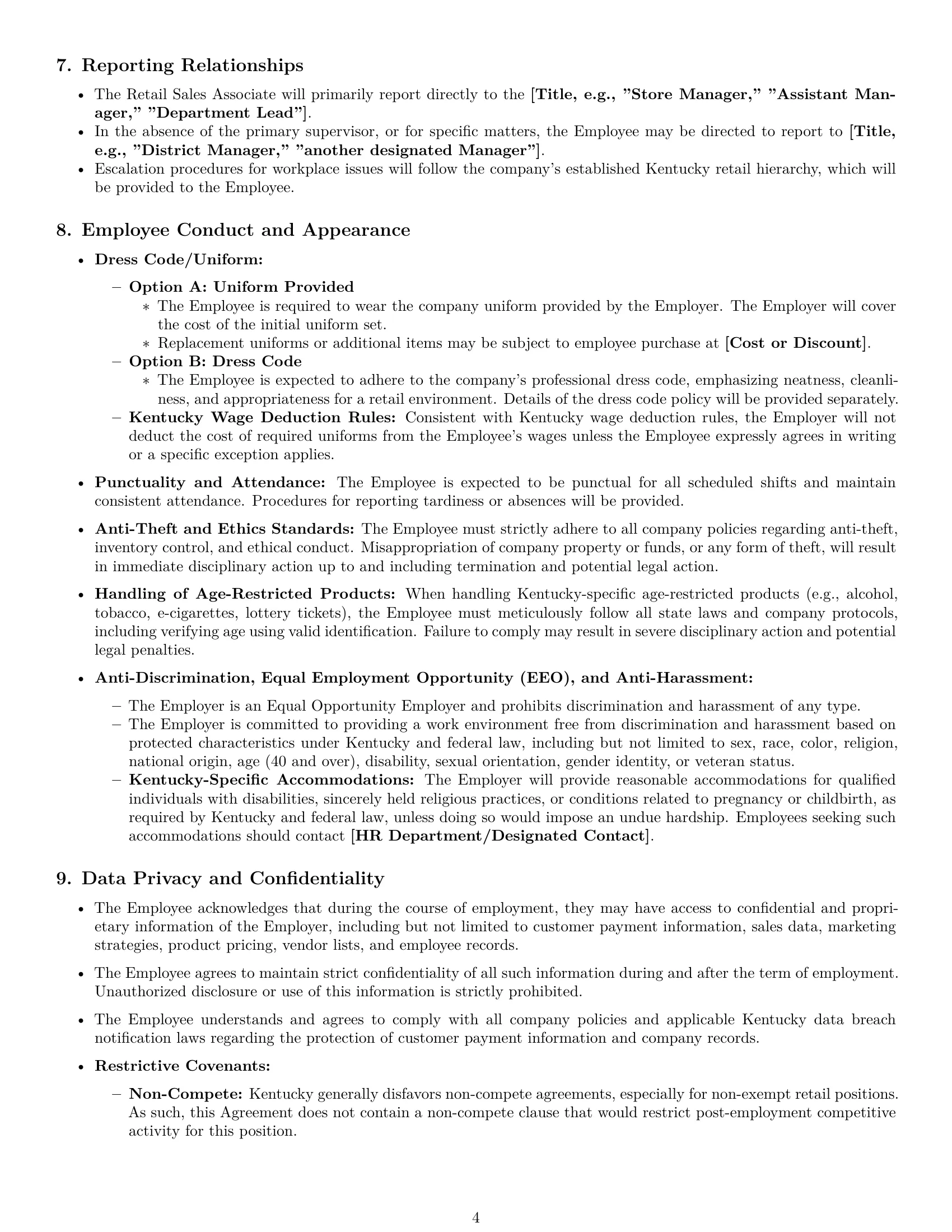 Preview page 4 of Pro Kentucky retail sales associate employment contract template