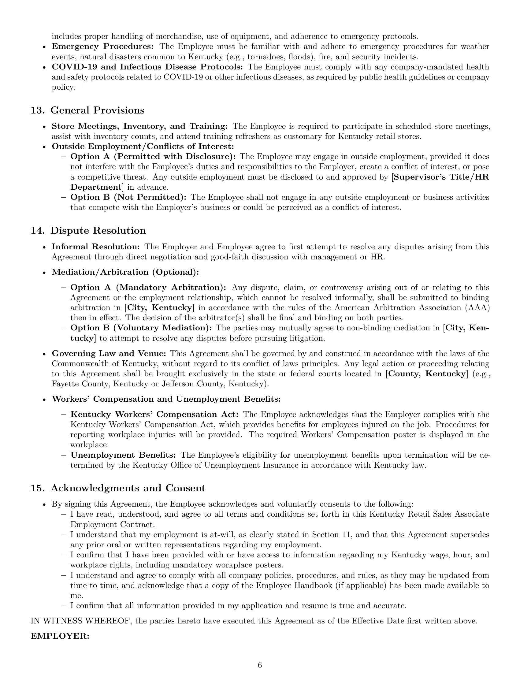 Preview page 6 of Pro Kentucky retail sales associate employment contract template
