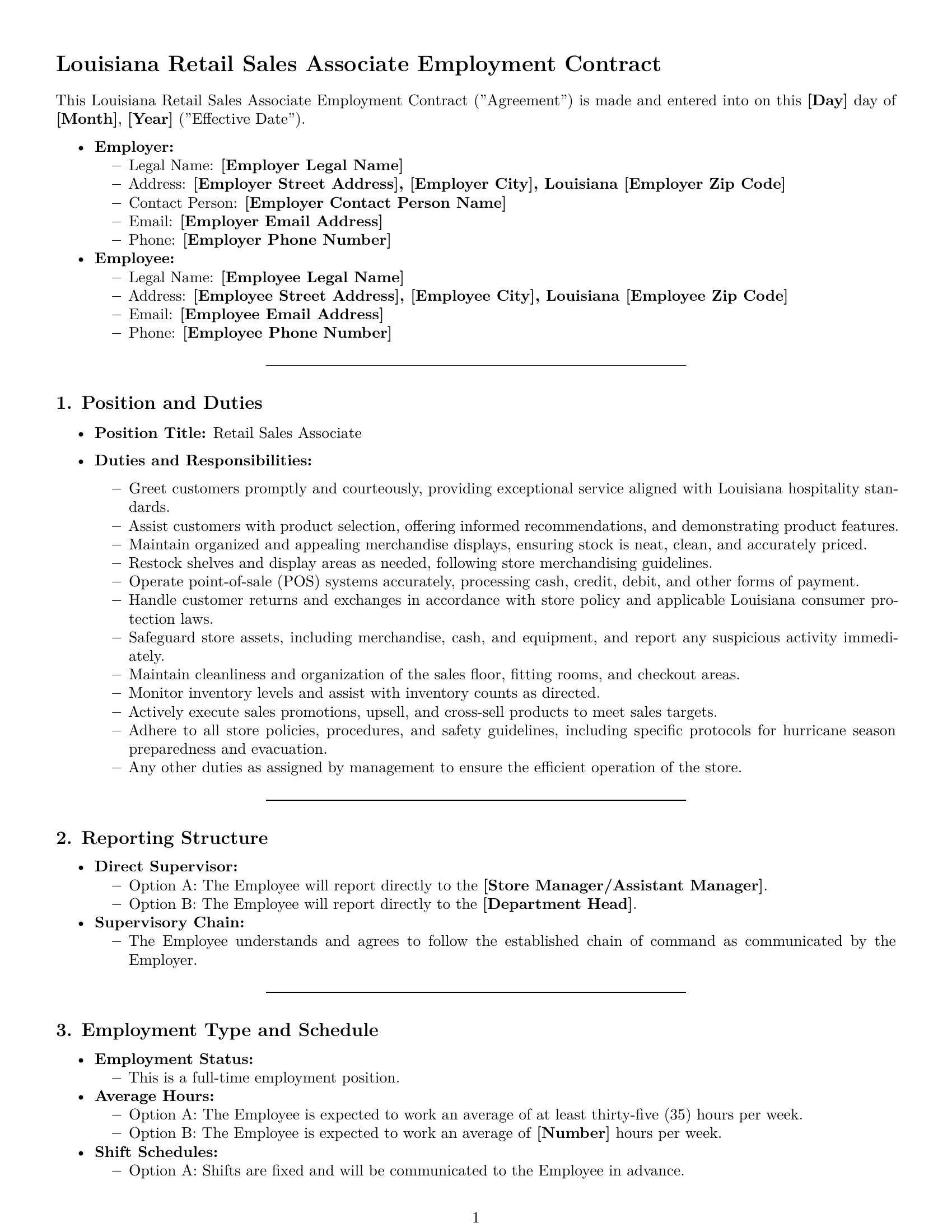 Preview page 1 of Pro Louisiana retail sales associate employment contract template
