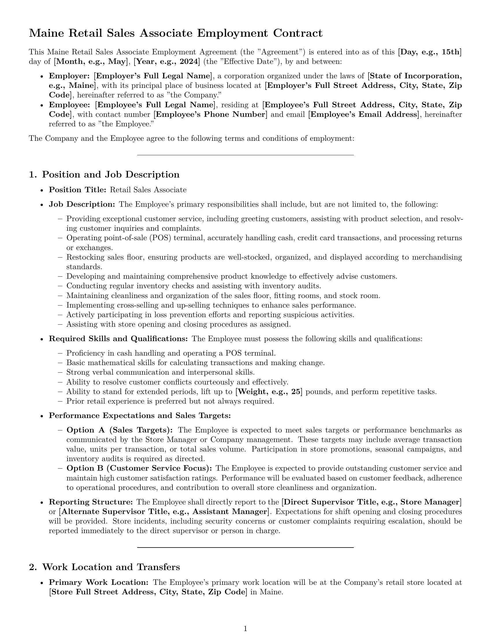 Preview page 1 of Pro Maine retail sales associate employment contract template