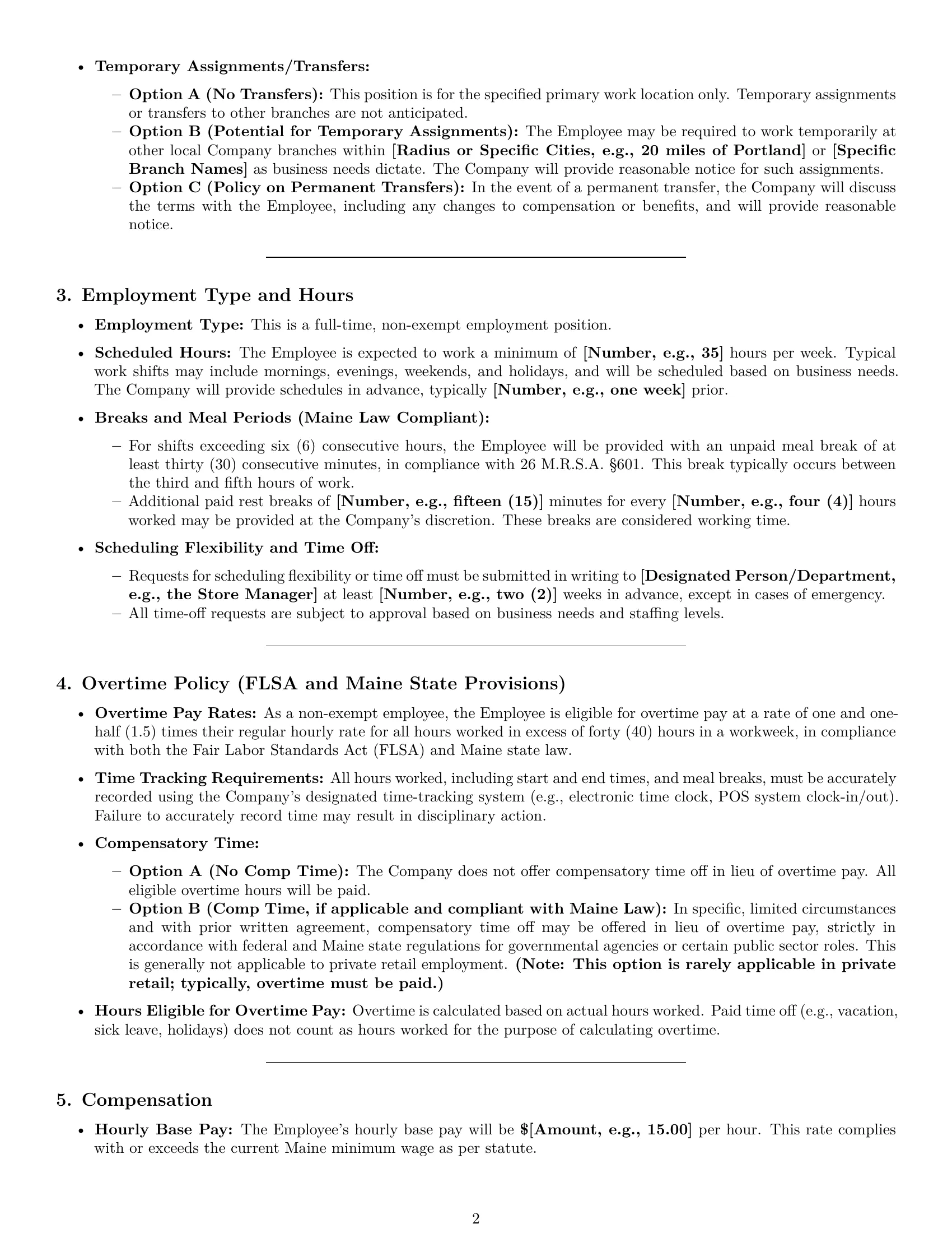 Preview page 2 of Pro Maine retail sales associate employment contract template