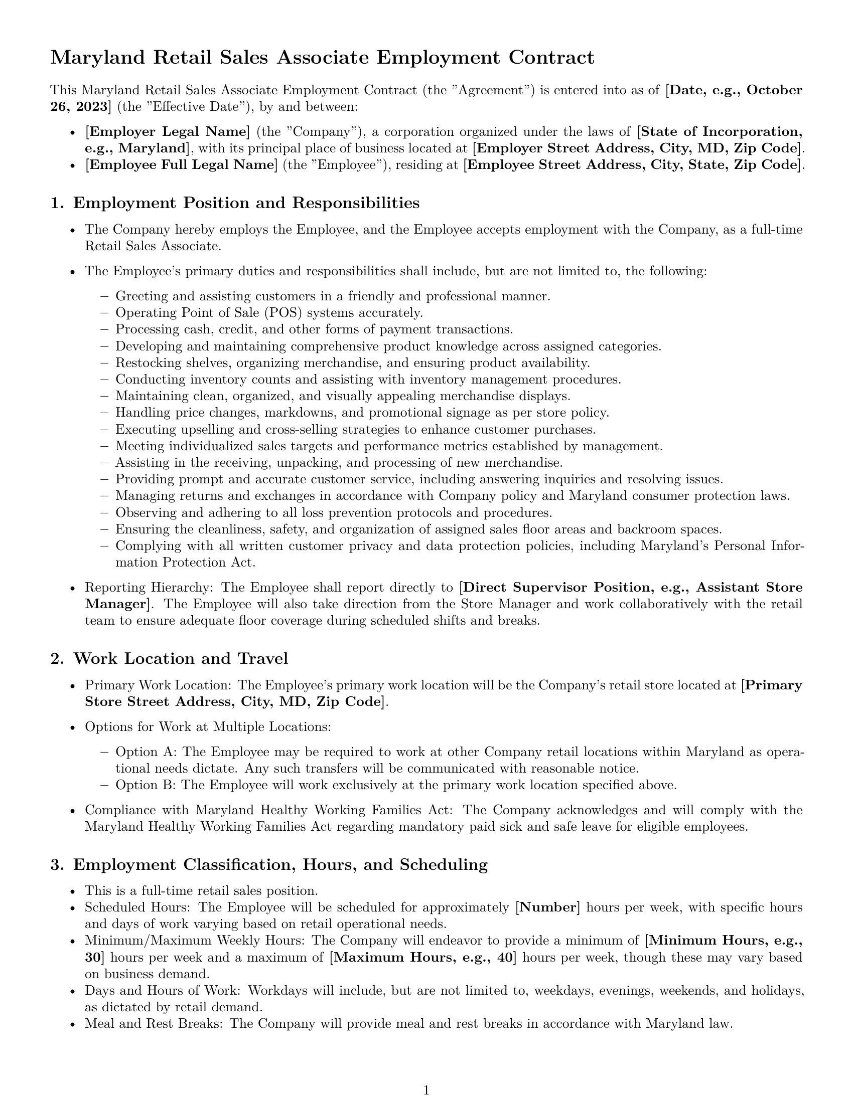 Preview page 1 of Pro Maryland retail sales associate employment contract template