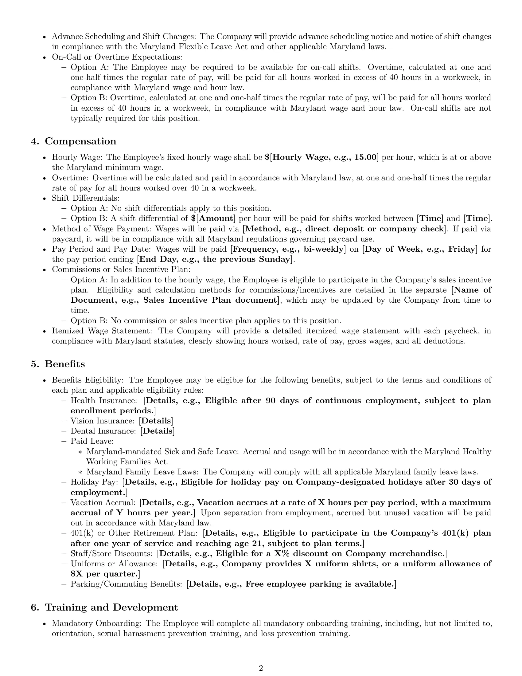 Preview page 2 of Pro Maryland retail sales associate employment contract template