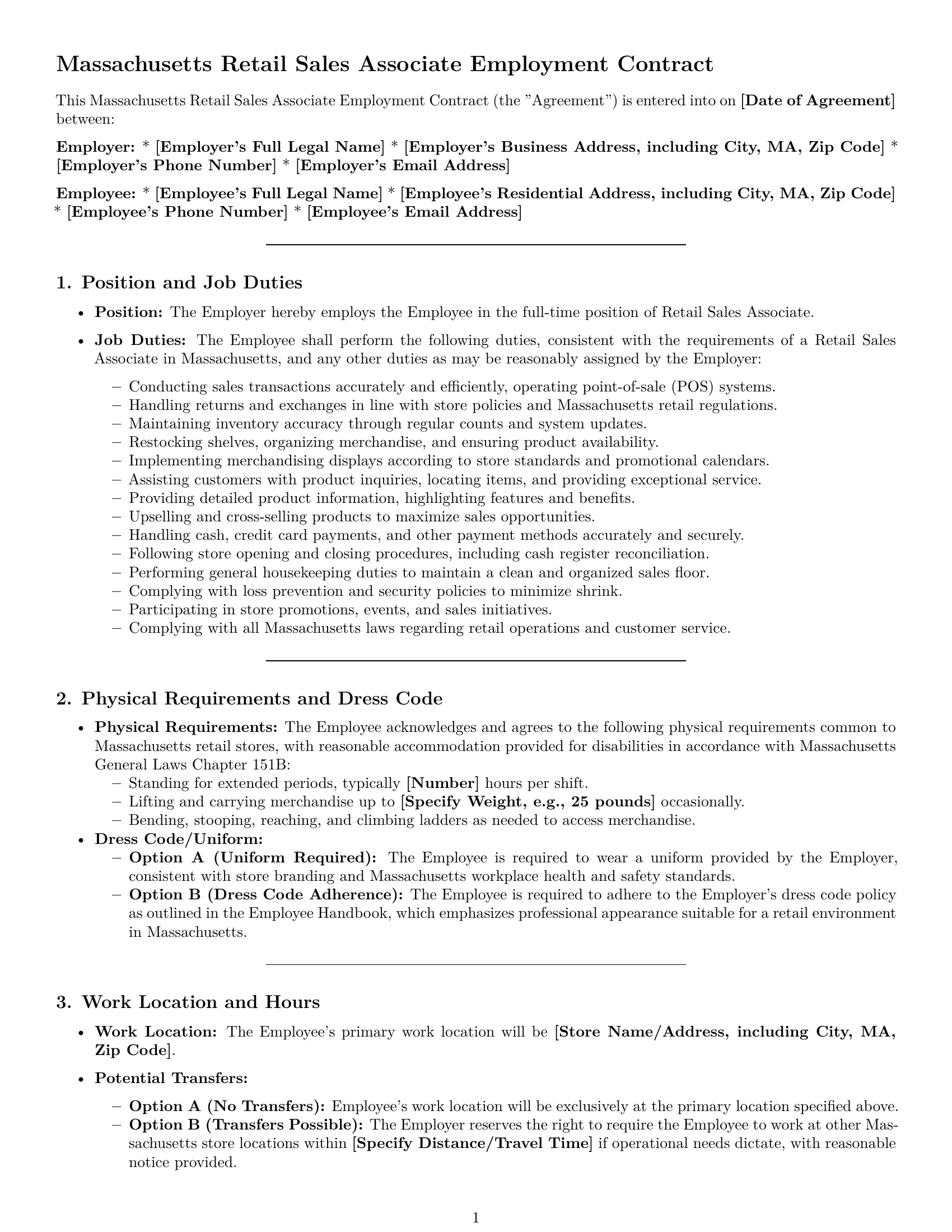 Preview page 1 of Pro Massachusetts retail sales associate employment contract template