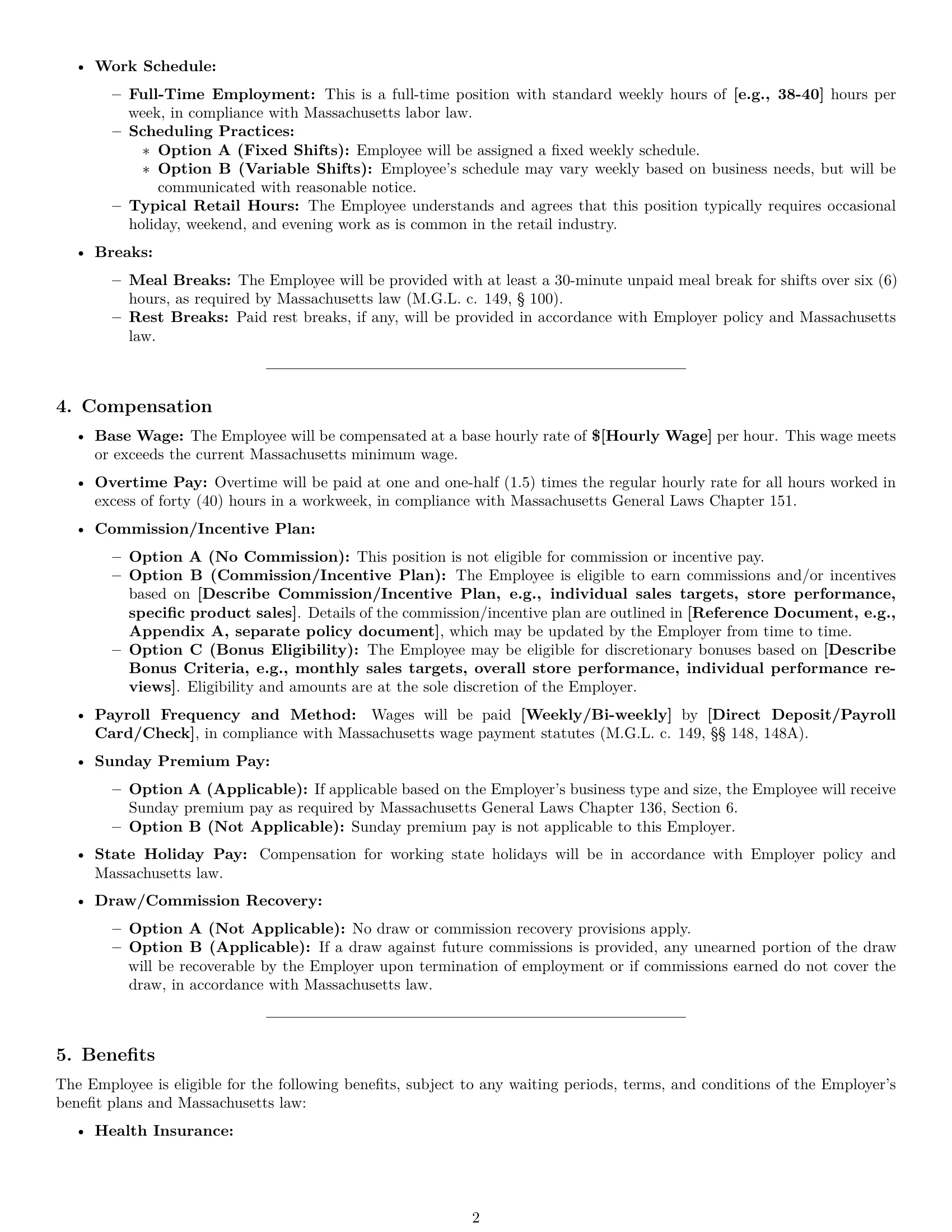 Preview page 2 of Pro Massachusetts retail sales associate employment contract template