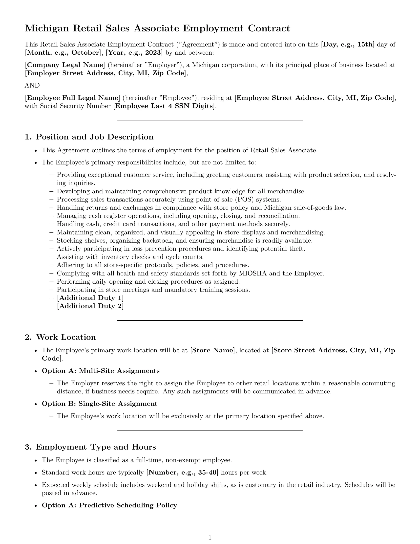 Preview page 1 of Pro Michigan retail sales associate employment contract template