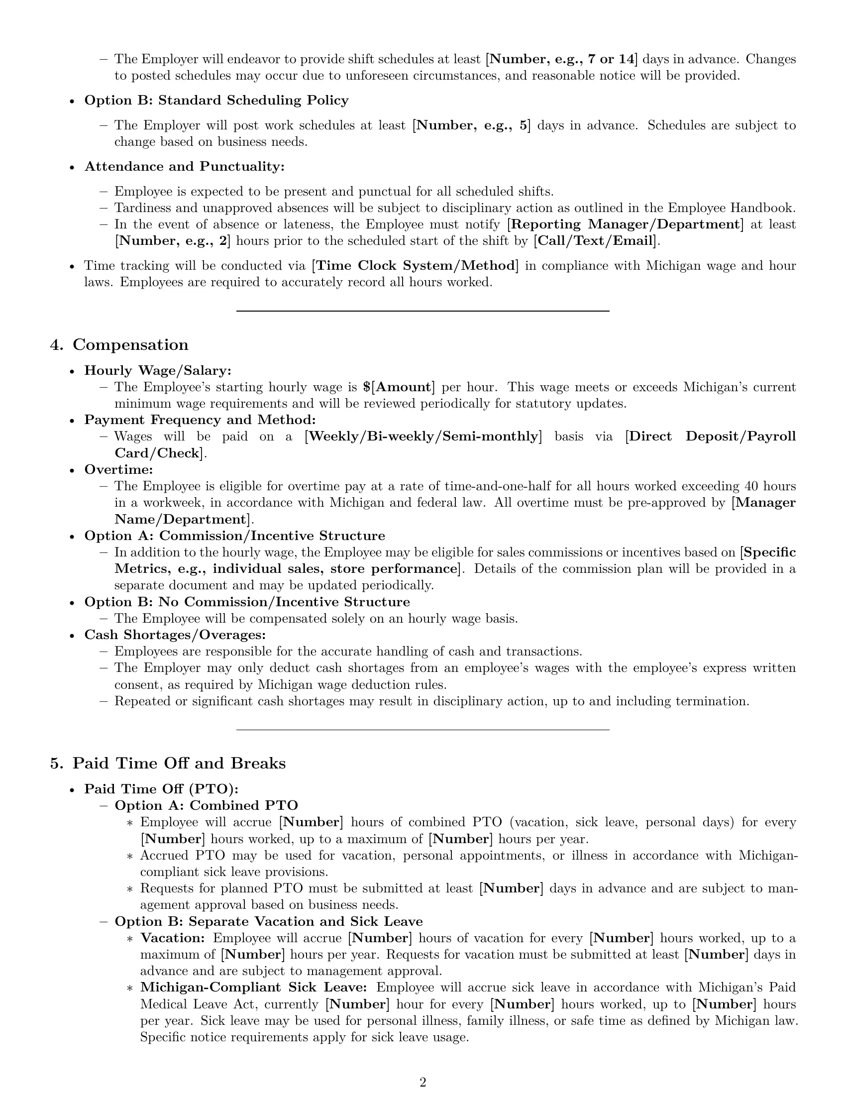 Preview page 2 of Pro Michigan retail sales associate employment contract template
