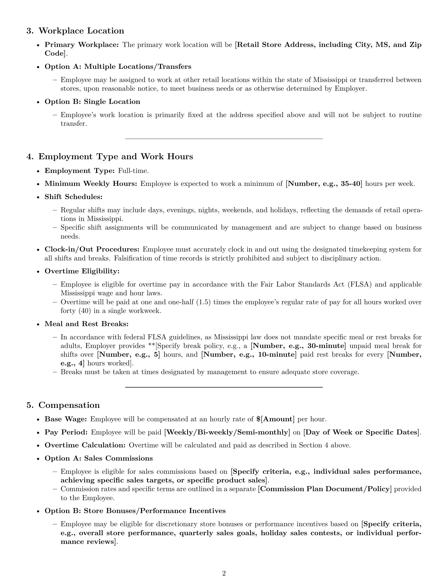 Preview page 2 of Pro Mississippi retail sales associate employment contract template