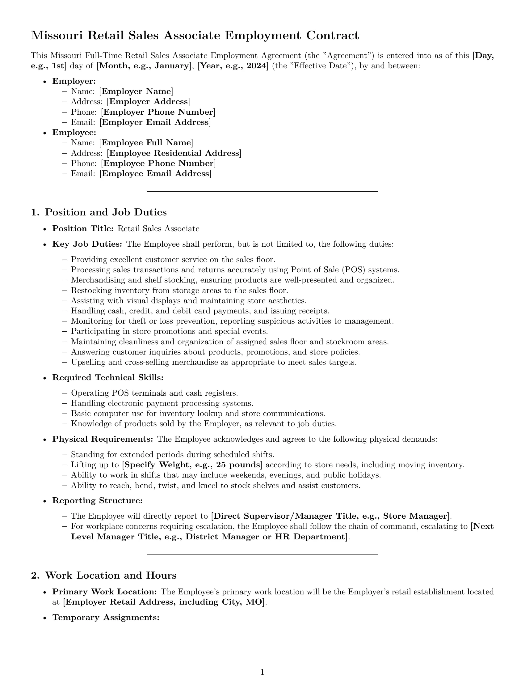 Preview page 1 of Pro Missouri retail sales associate employment contract template