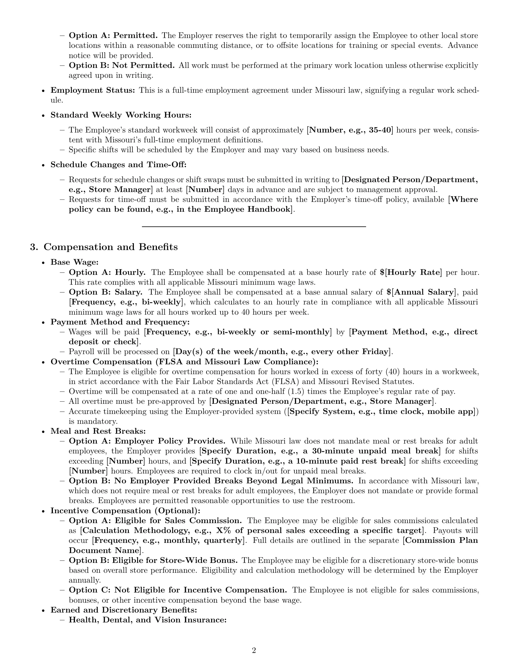 Preview page 2 of Pro Missouri retail sales associate employment contract template