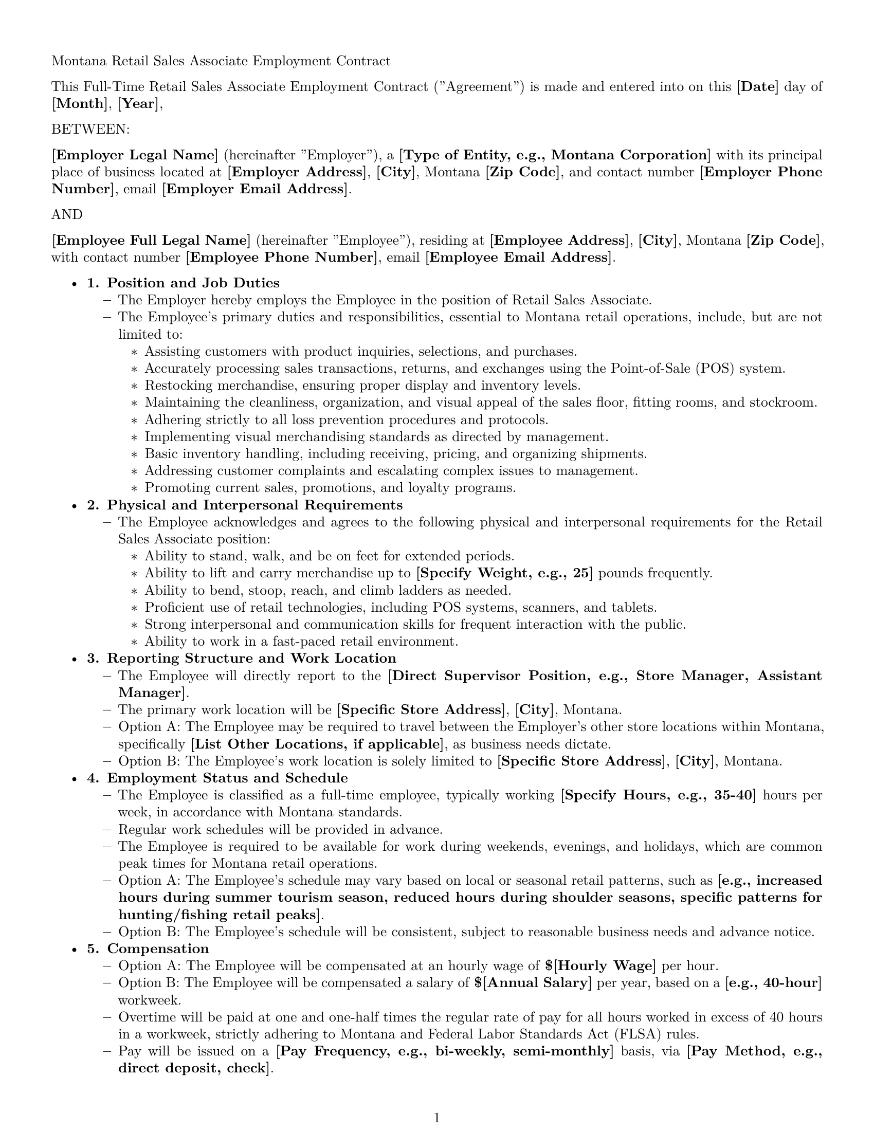 Preview page 1 of Pro Montana retail sales associate employment contract template