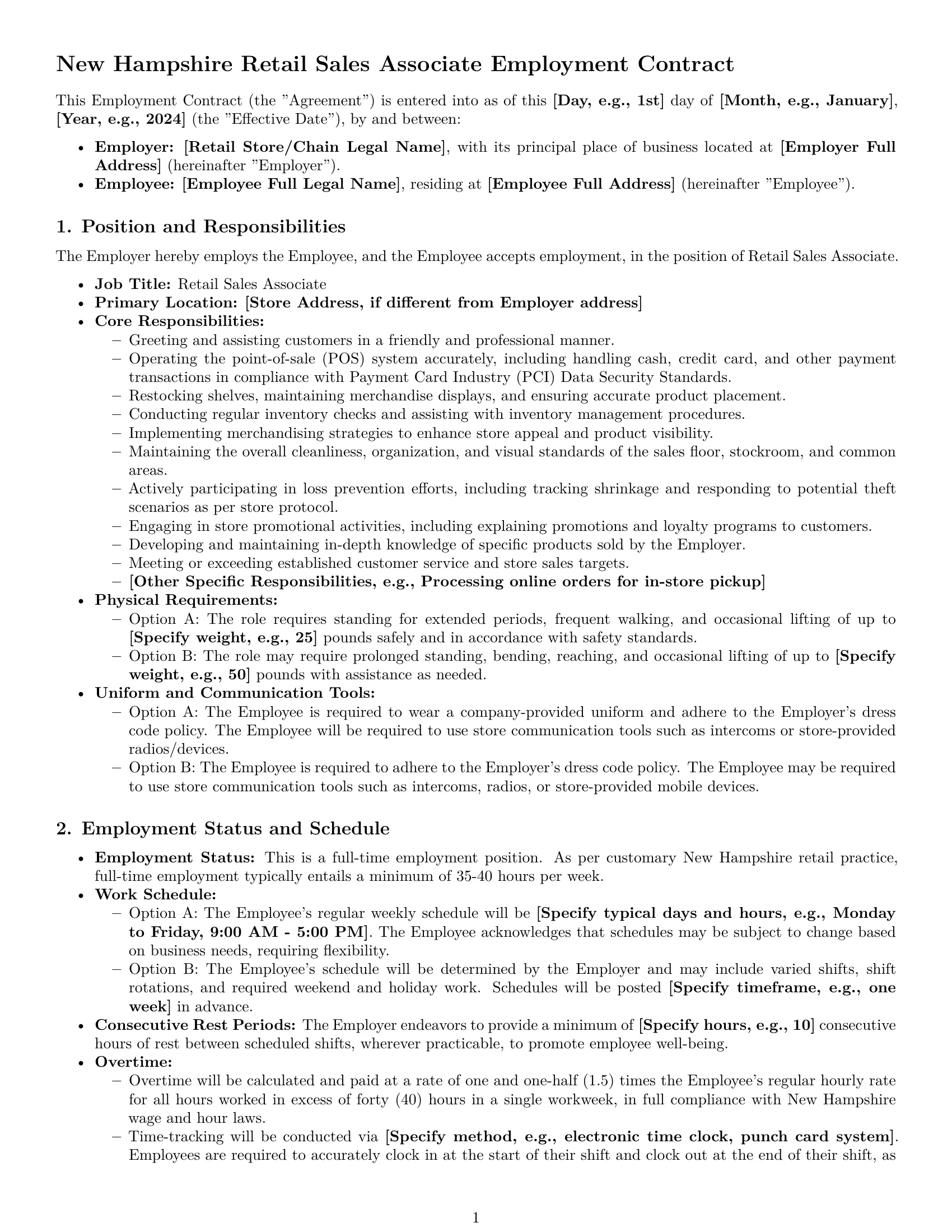 Preview page 1 of Pro New Hampshire retail sales associate employment contract template