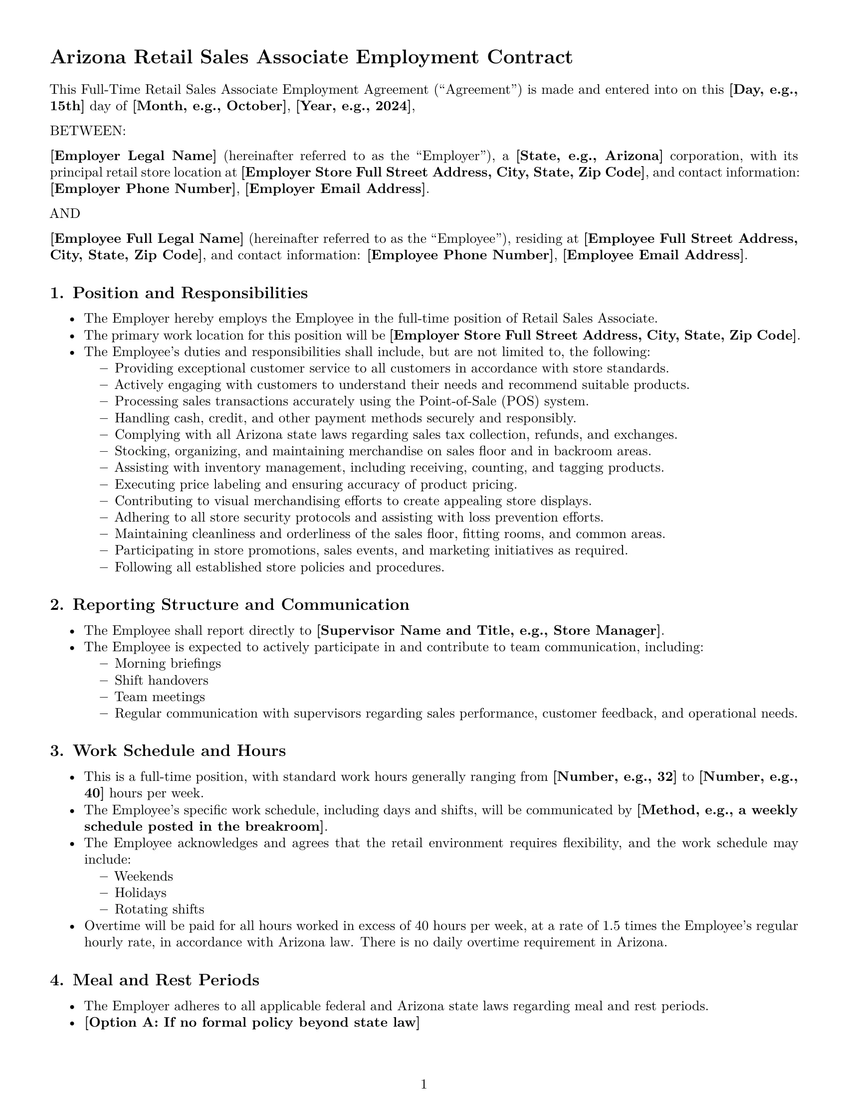 Preview page 1 of Pro Arizona retail sales associate employment contract template