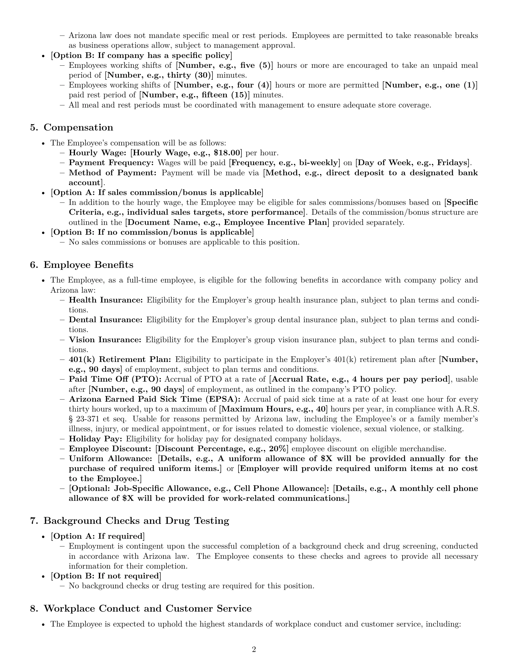 Preview page 2 of Pro Arizona retail sales associate employment contract template
